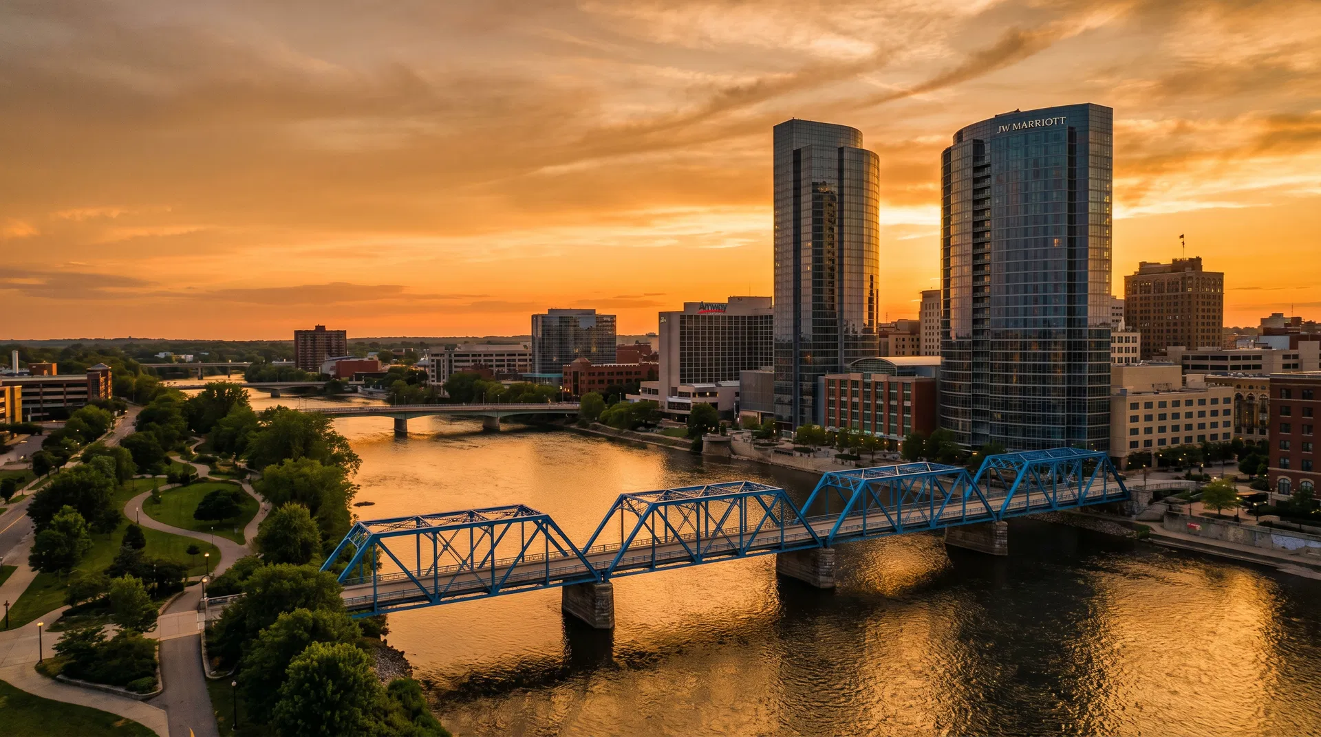 Grand Rapids skyline at sunset