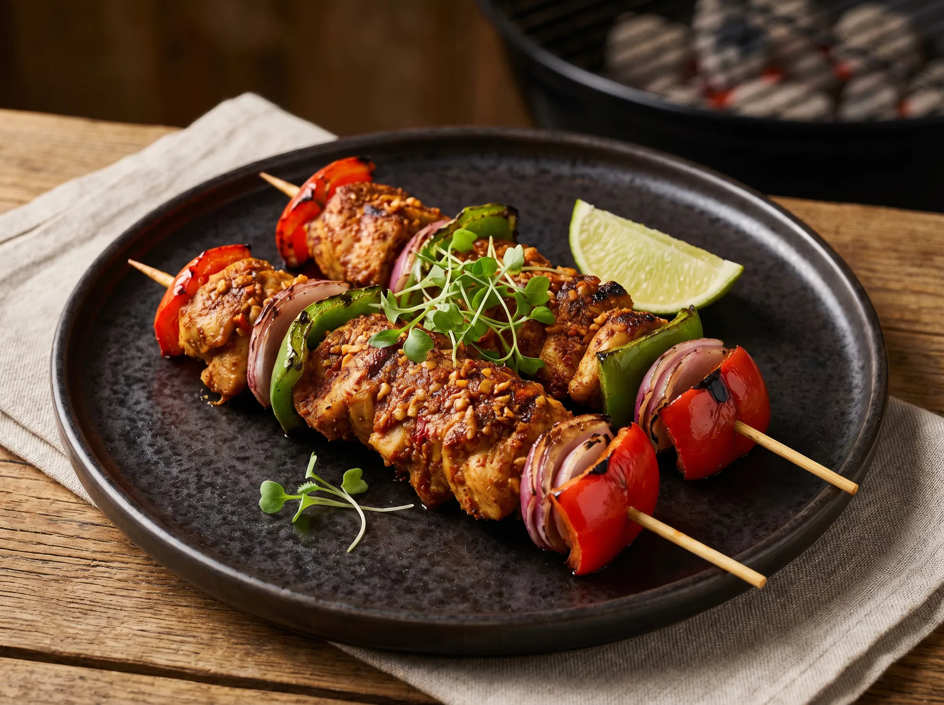 Spiced Chicken Suya Skewers with Charred Peppers