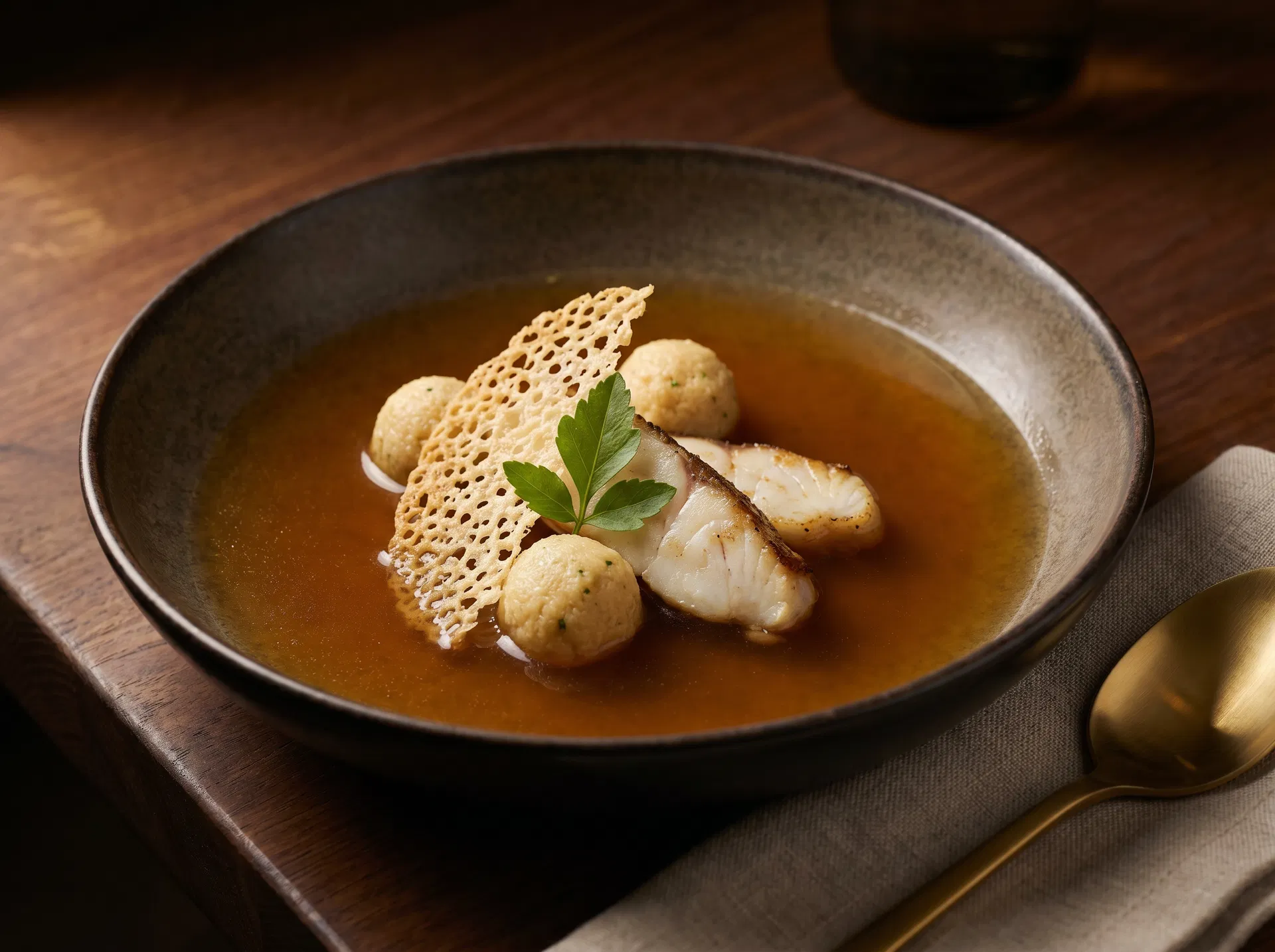 West African Egusi Dumplings in a Scent Leaf & Beef Consommé