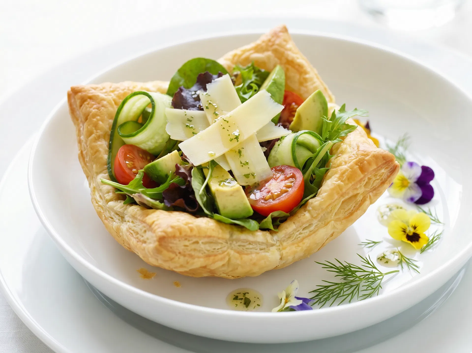 West African Garden Salad with Avocado and Emmental in a Puff Pastry Bowl