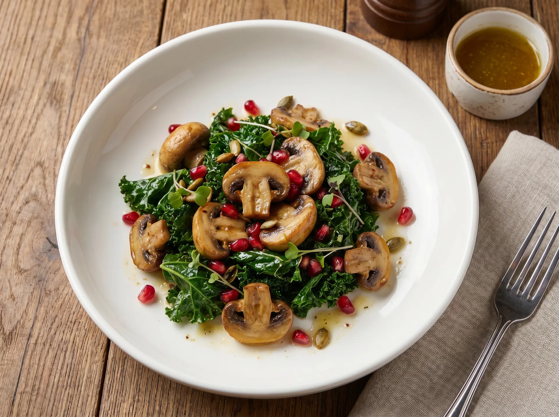 Warm Kale Salad with Chestnut Mushrooms and Pomegranate