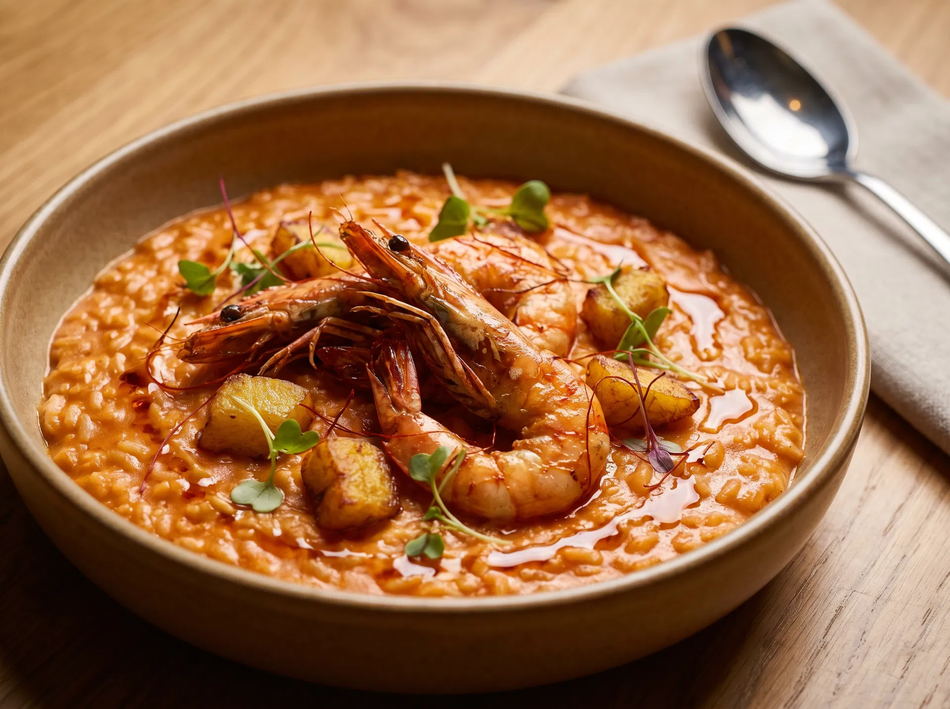 Pan-African Seafood Jollof Risotto with Tiger Prawns and Plantain