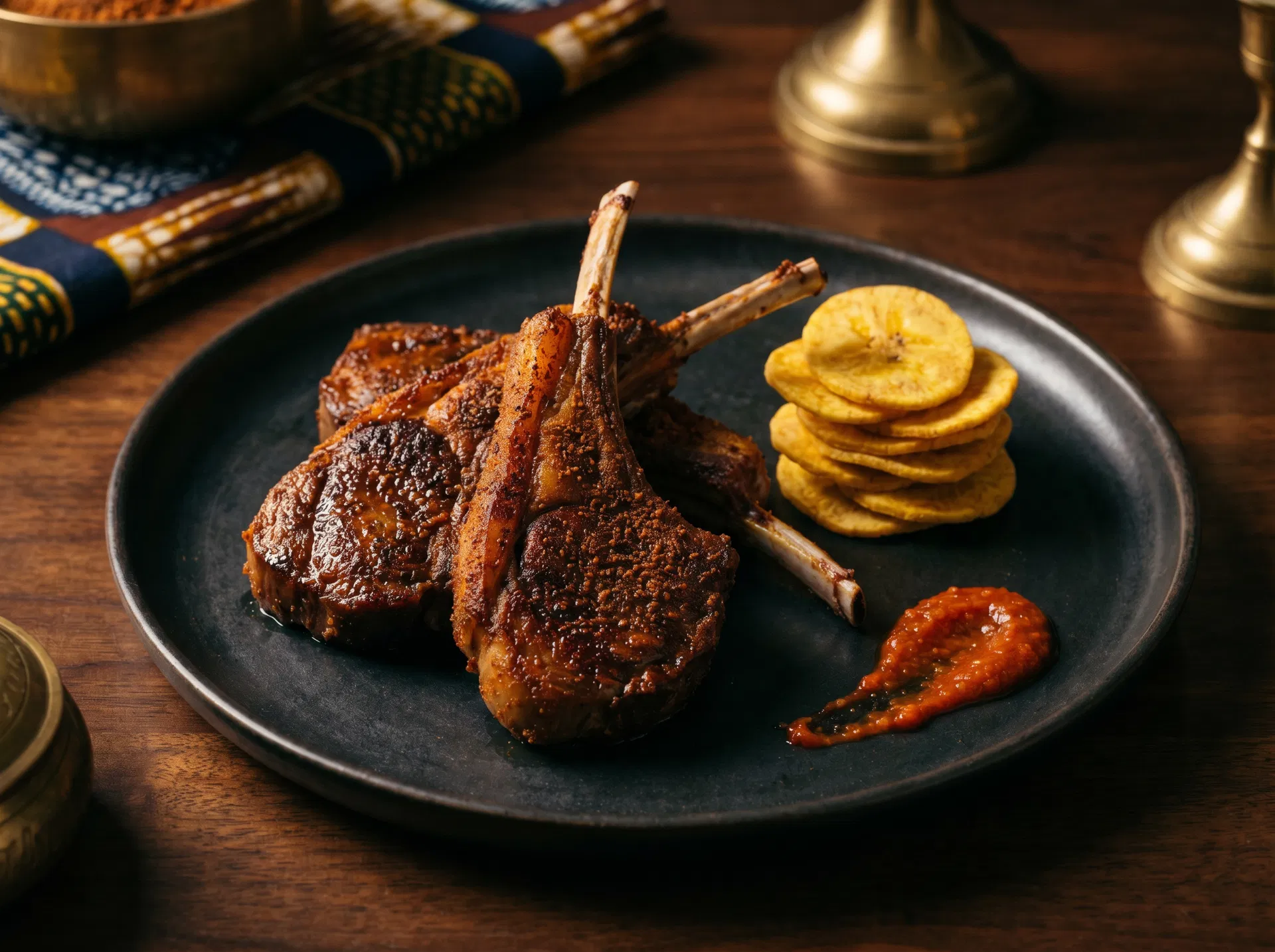 Yaaji-Spiced Goat Chops with Crispy Plantain Chips