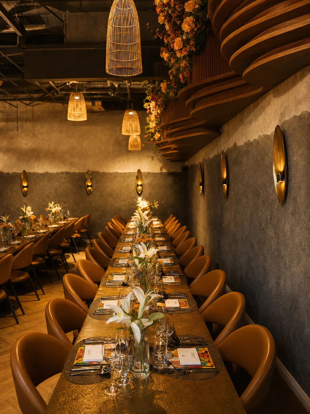 Long banquet table with floral arrangements and place settings
