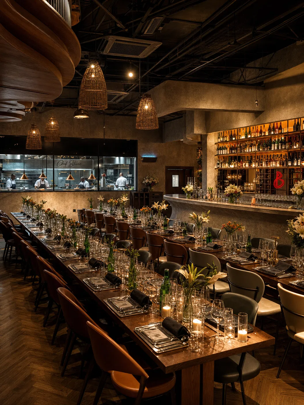 Full dining room setup with bar and open kitchen view
