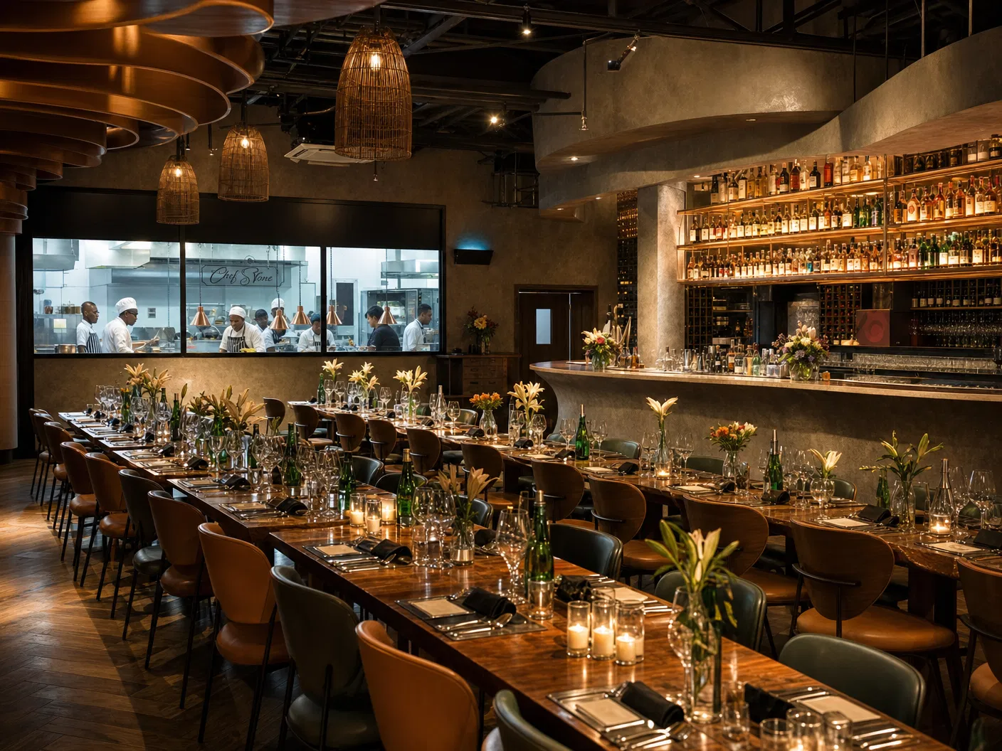 Multiple long tables set for corporate event with bar backdrop