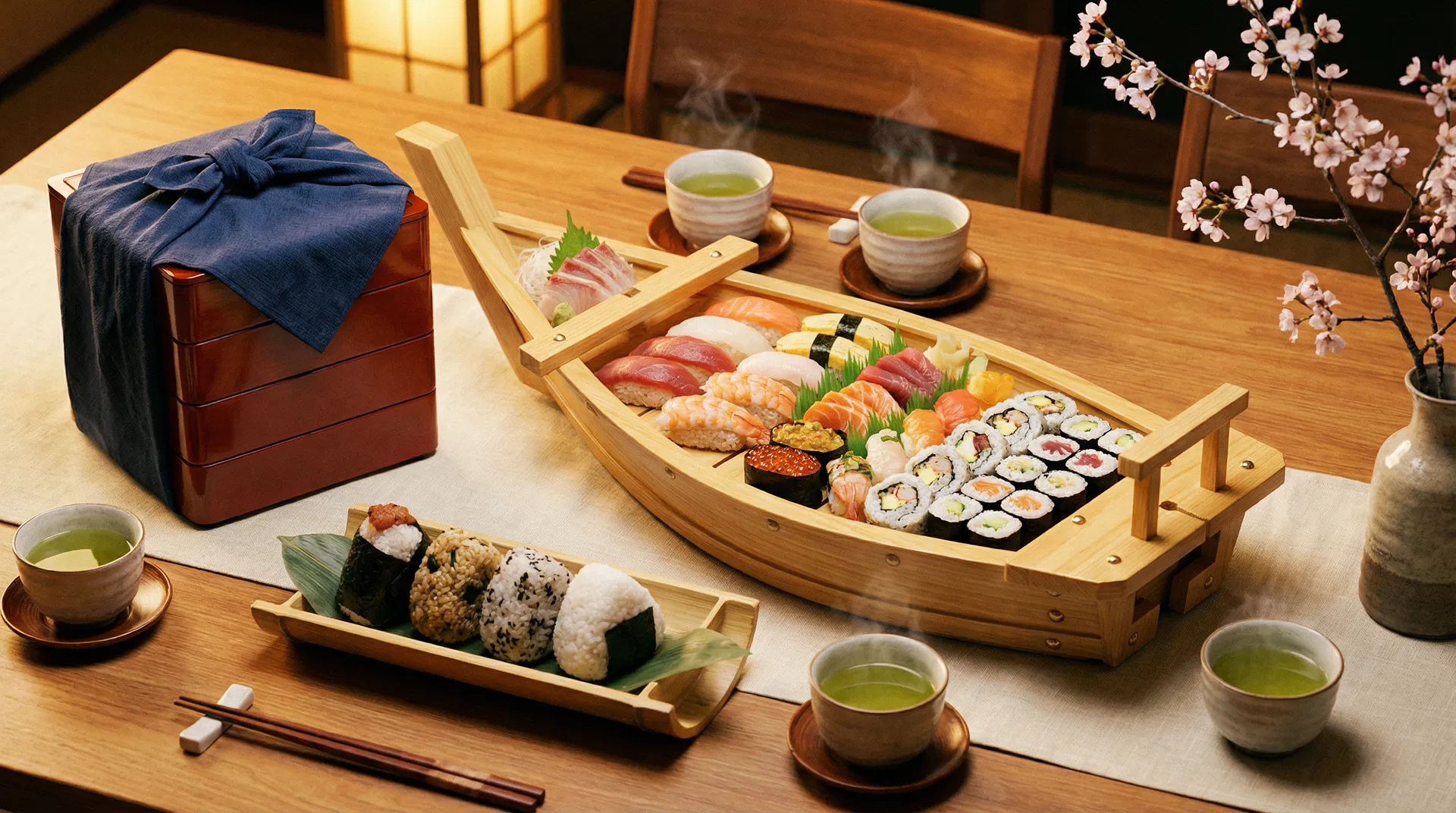 Sushi boat, bento boxes, onigiri, and green tea arranged for catering