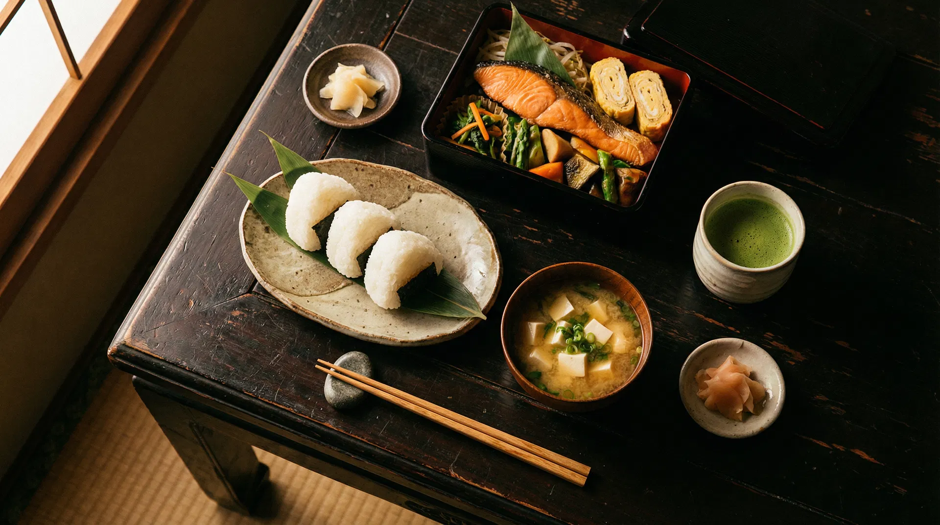 Japanese bento, onigiri, miso soup, and matcha tea on a dark lacquered table
