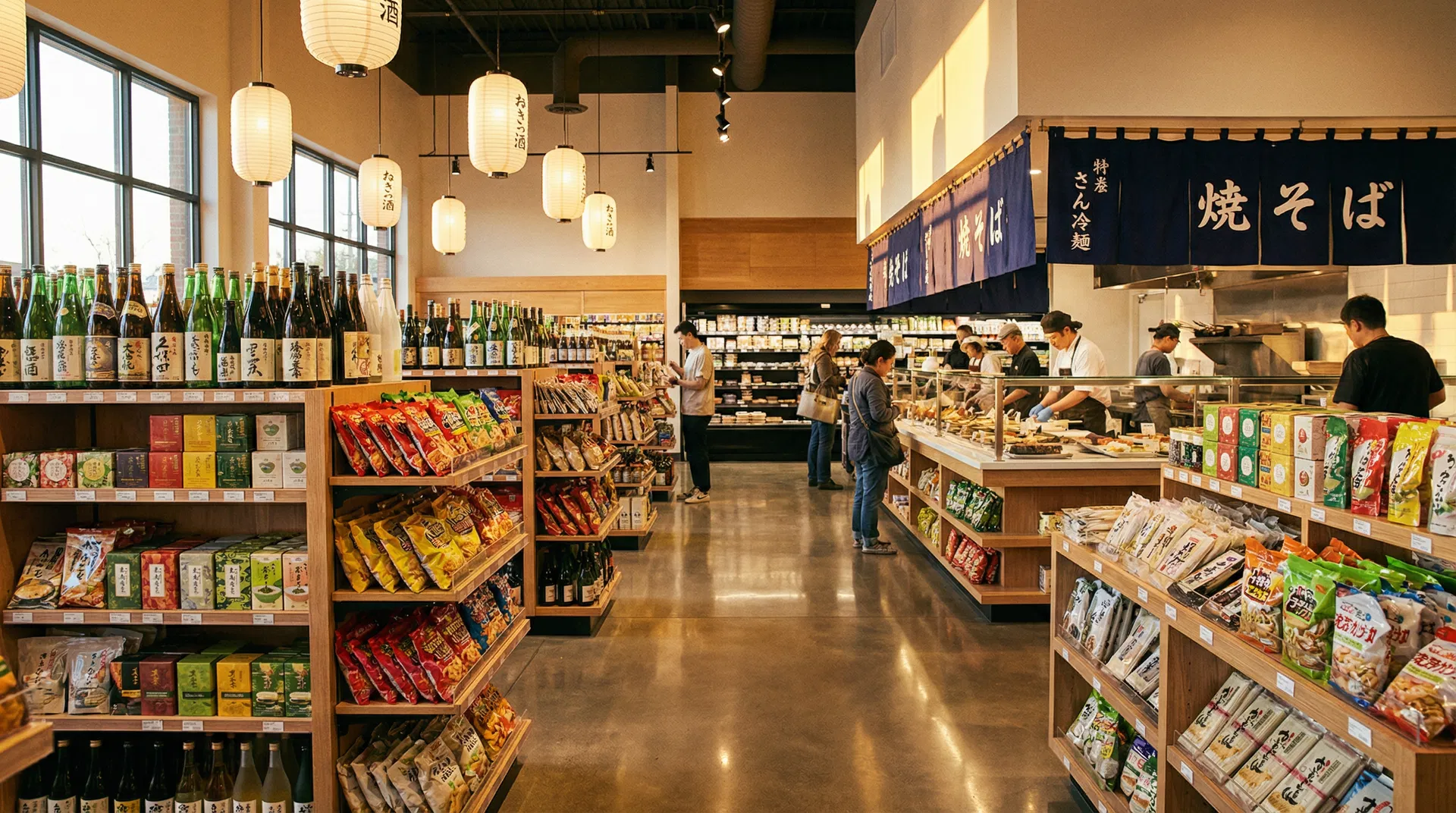 Interior of Daruma Japanese grocery store with Japanese products and food court