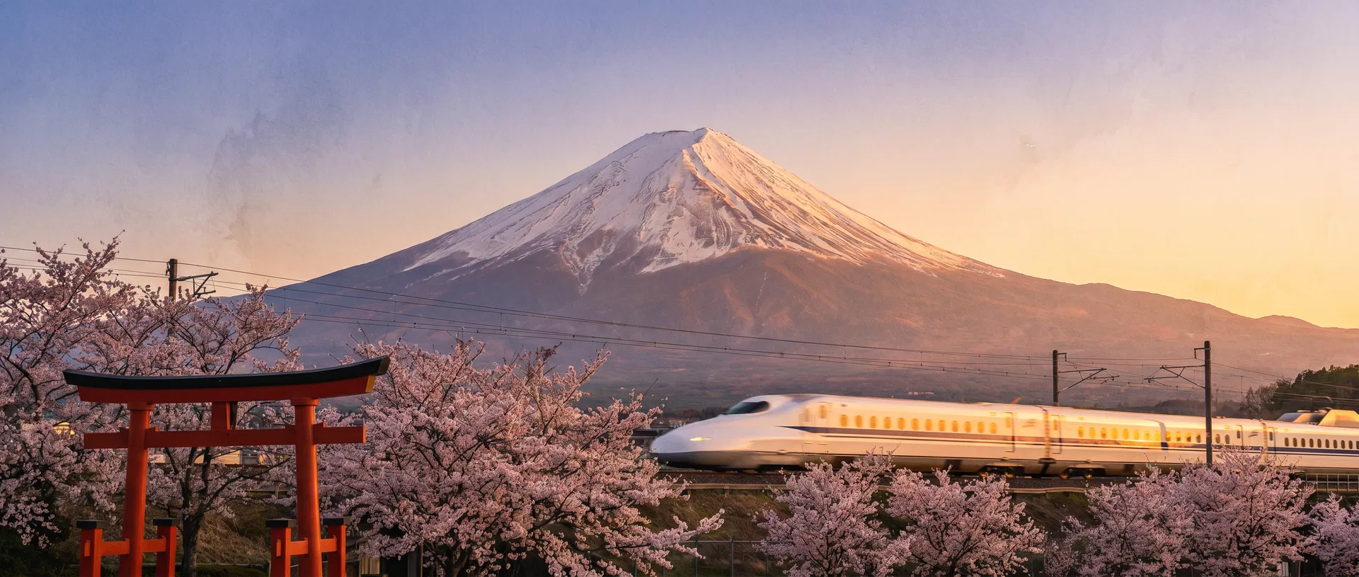 Japan landscape with Mount Fuji, cherry blossoms and Shinkansen