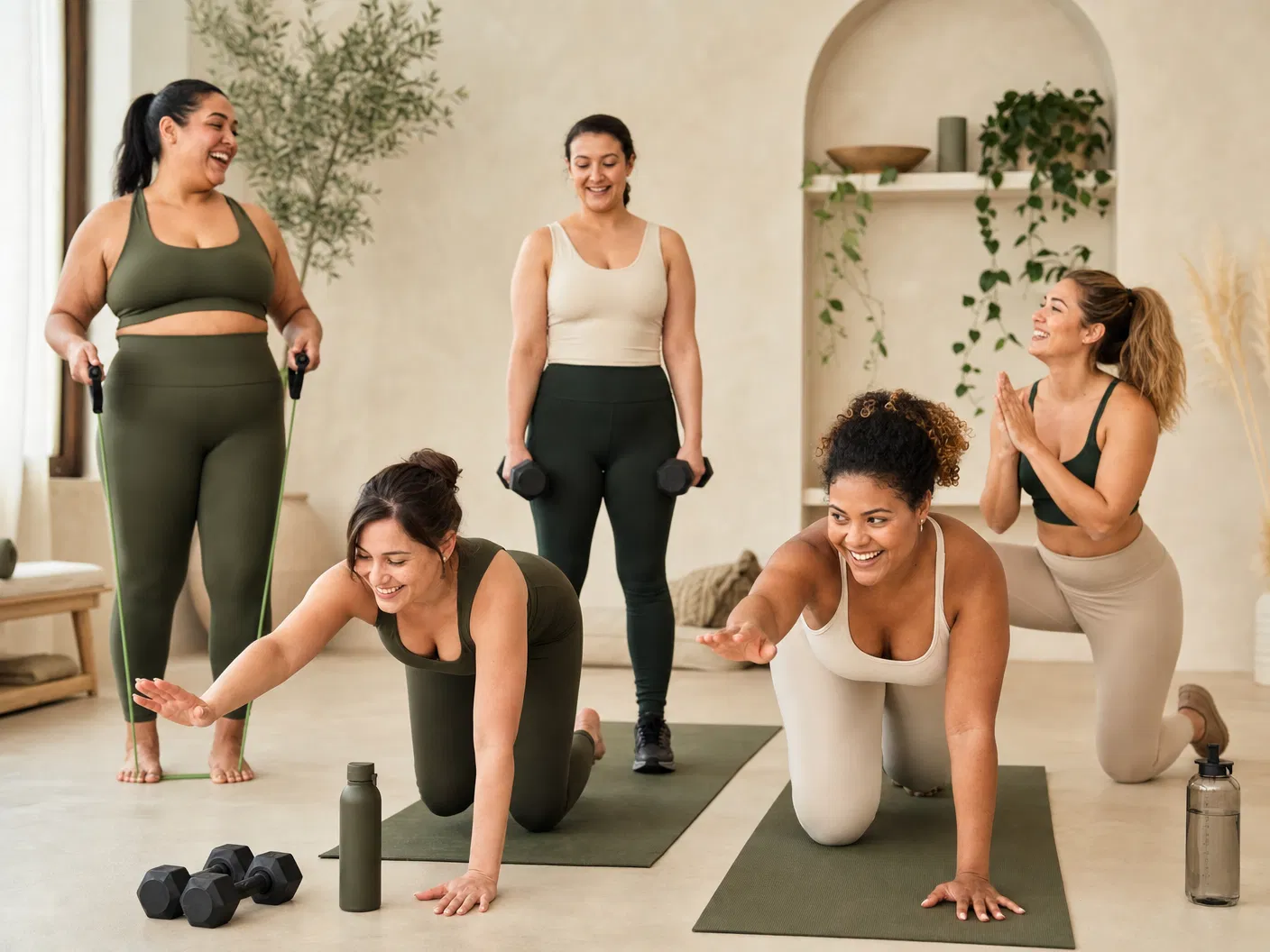 Grupo de mulheres diversas treinando juntas em estúdio fitness wellness