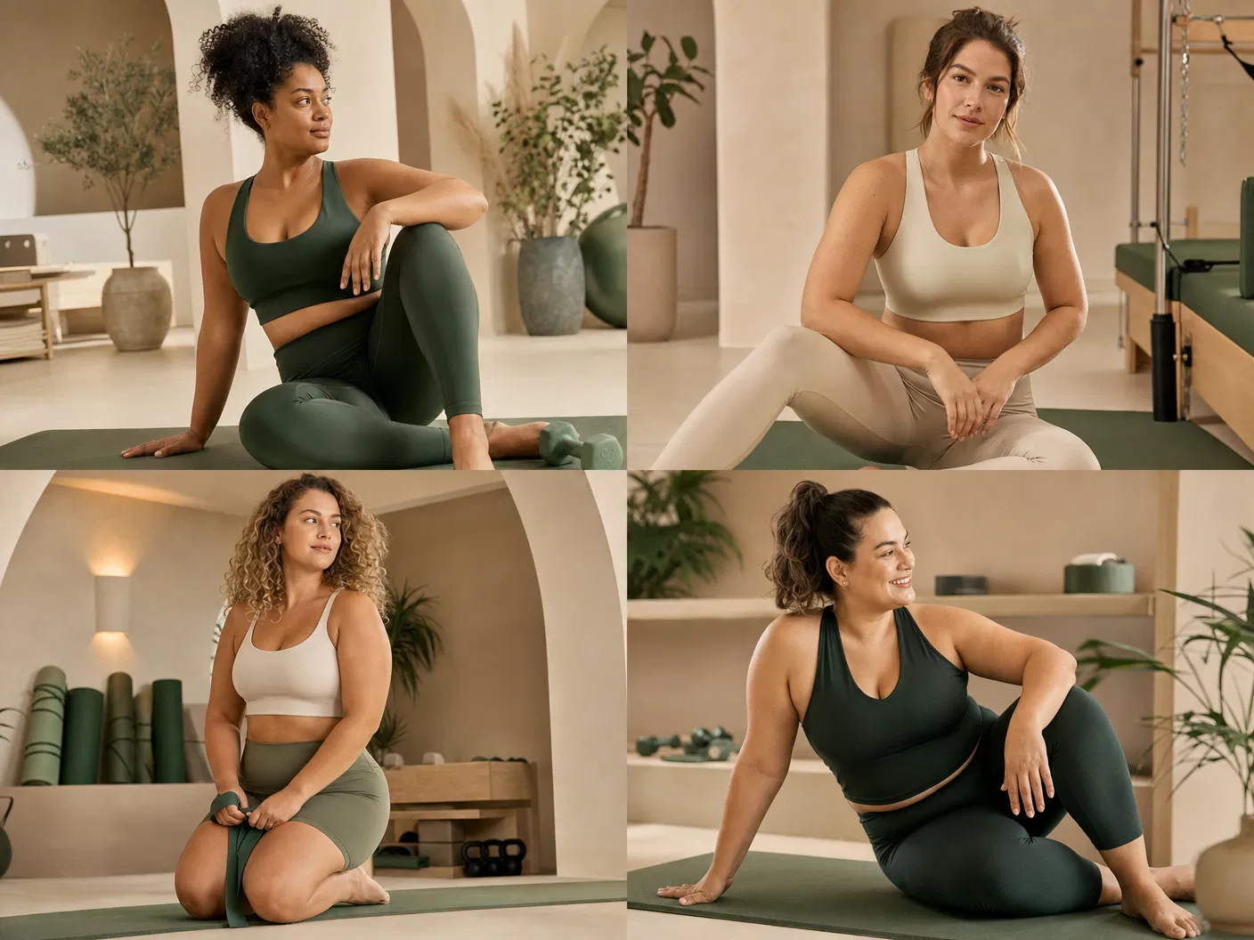 Mulheres diversas em roupas de treino em composição fitness wellness verde e bege