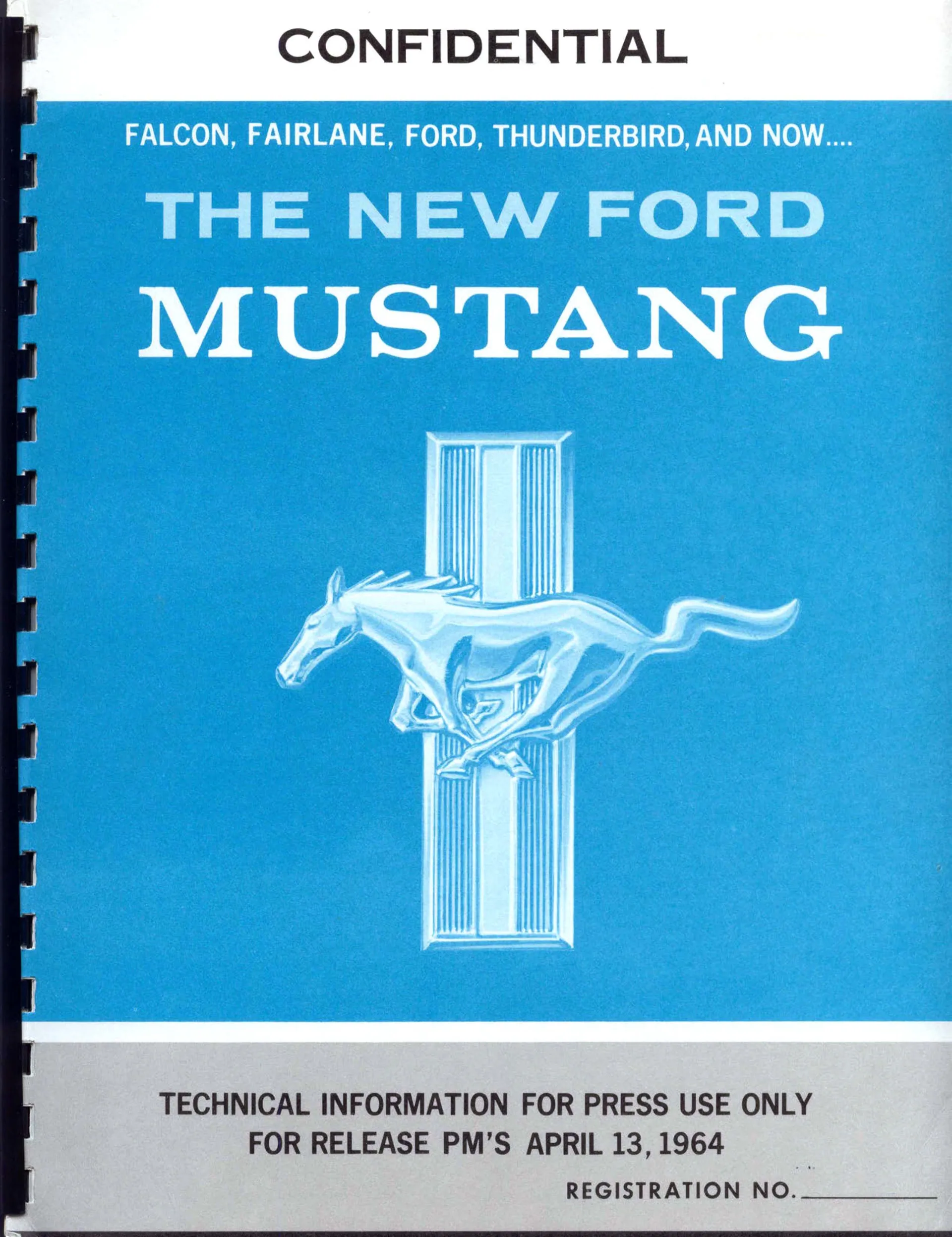 Cover of a comb-bound Ford press booklet: the galloping Mustang horse emblem on a blue field, headed 'Confidential' and 'The New Ford Mustang', release line dated April 13, 1964.