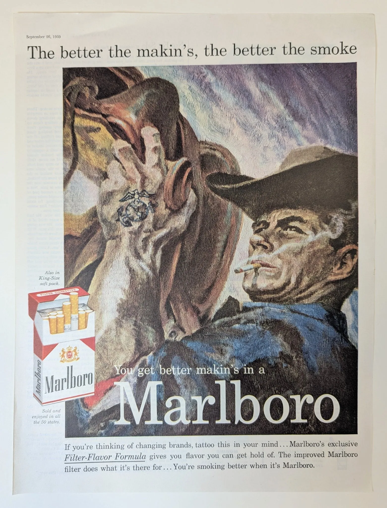Full-page 1959 Marlboro cigarette ad: cowboy with cigarette lifts saddle toward horse; tattoo on his raised hand; pack at lower left; issue dated September 26, 1959.