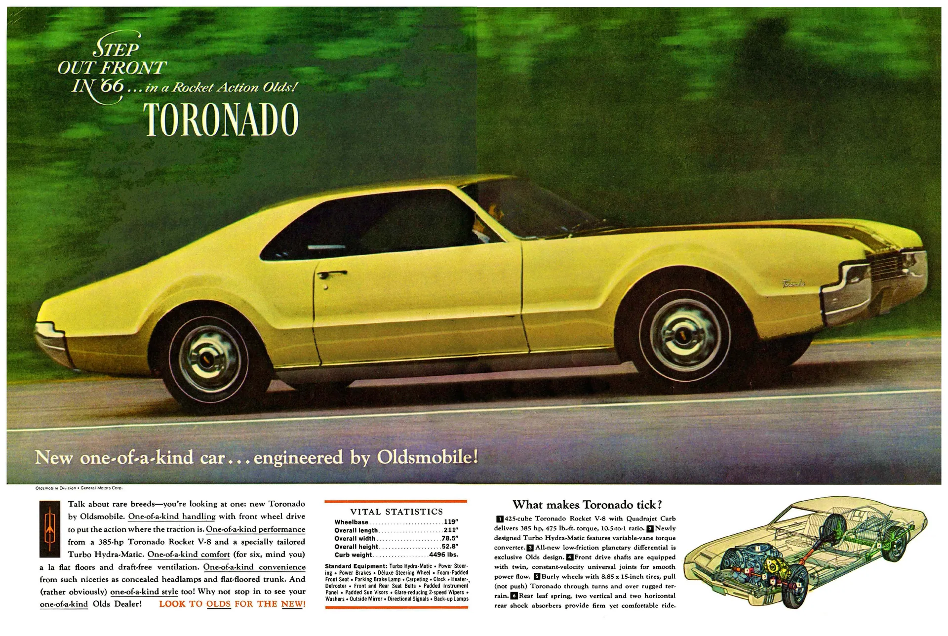 Two-page 1966 Oldsmobile Toronado magazine advertisement: a yellow Toronado in profile at speed beneath the headline 'Step Out Front in '66', with a statistics panel and drivetrain cutaway below.