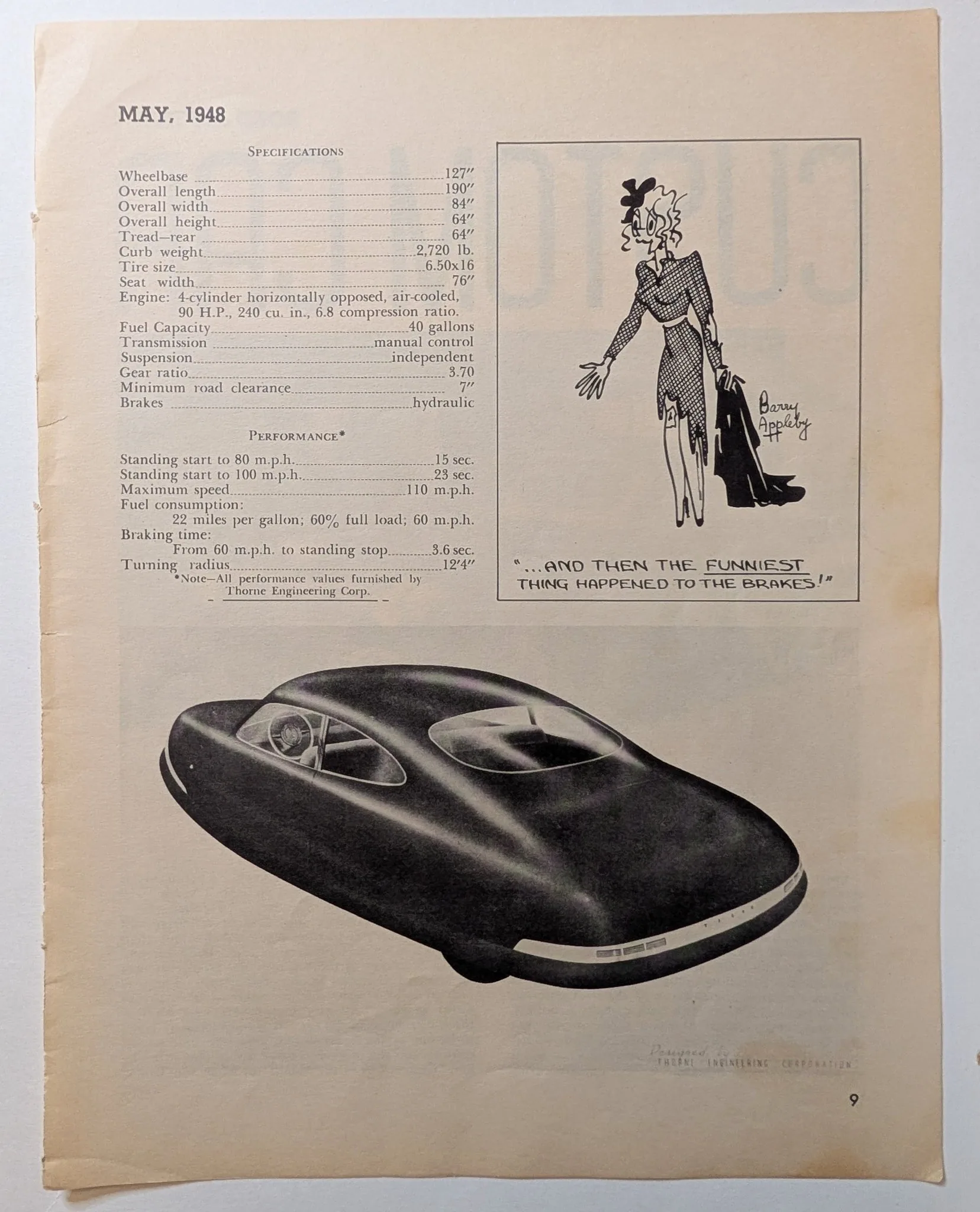 Single magazine page dated May 1948: specifications table for a streamlined car credited to Thorne Engineering Corporation, a signed Barry Appleby cartoon, and a teardrop-shaped car photograph.