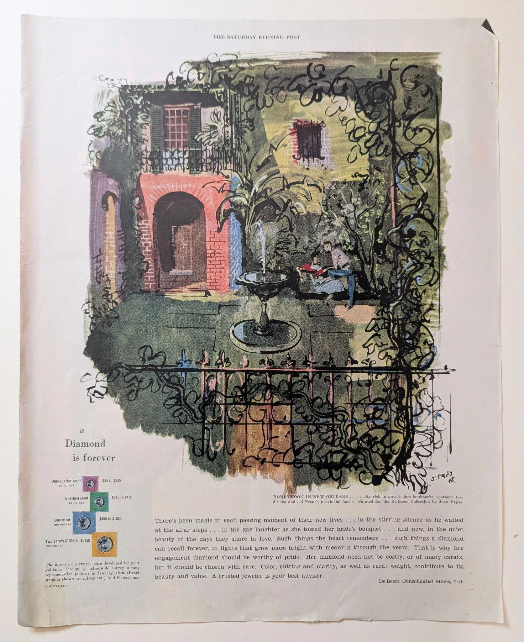 Full-page De Beers advertisement, circa 1949: Jean Pagès' "Honeymoon in New Orleans" painting of a courtyard with a couple, headline "a Diamond is forever," and a diamond price chart.