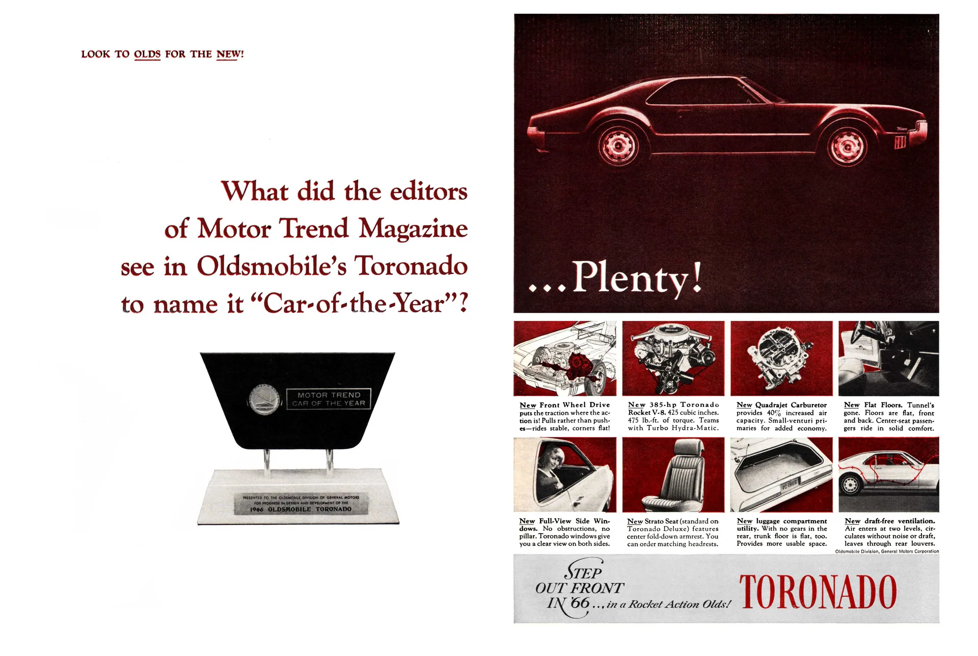 Two-page 1966 Oldsmobile Toronado advertisement asking what Motor Trend saw in the car to name it Car-of-the-Year, showing the award trophy, a red profile study and an eight-part feature grid.