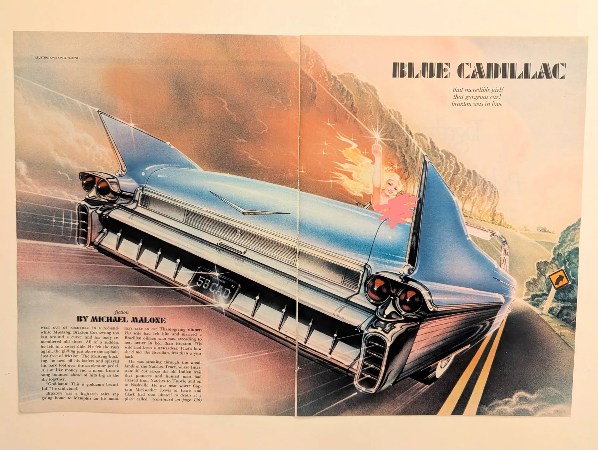 Two-page magazine fiction spread titled "Blue Cadillac": Peter Lloyd's illustration of a blue tail-finned 1950s-style Cadillac with "58 CAD" plate speeding on a road; fiction by Michael Malone.