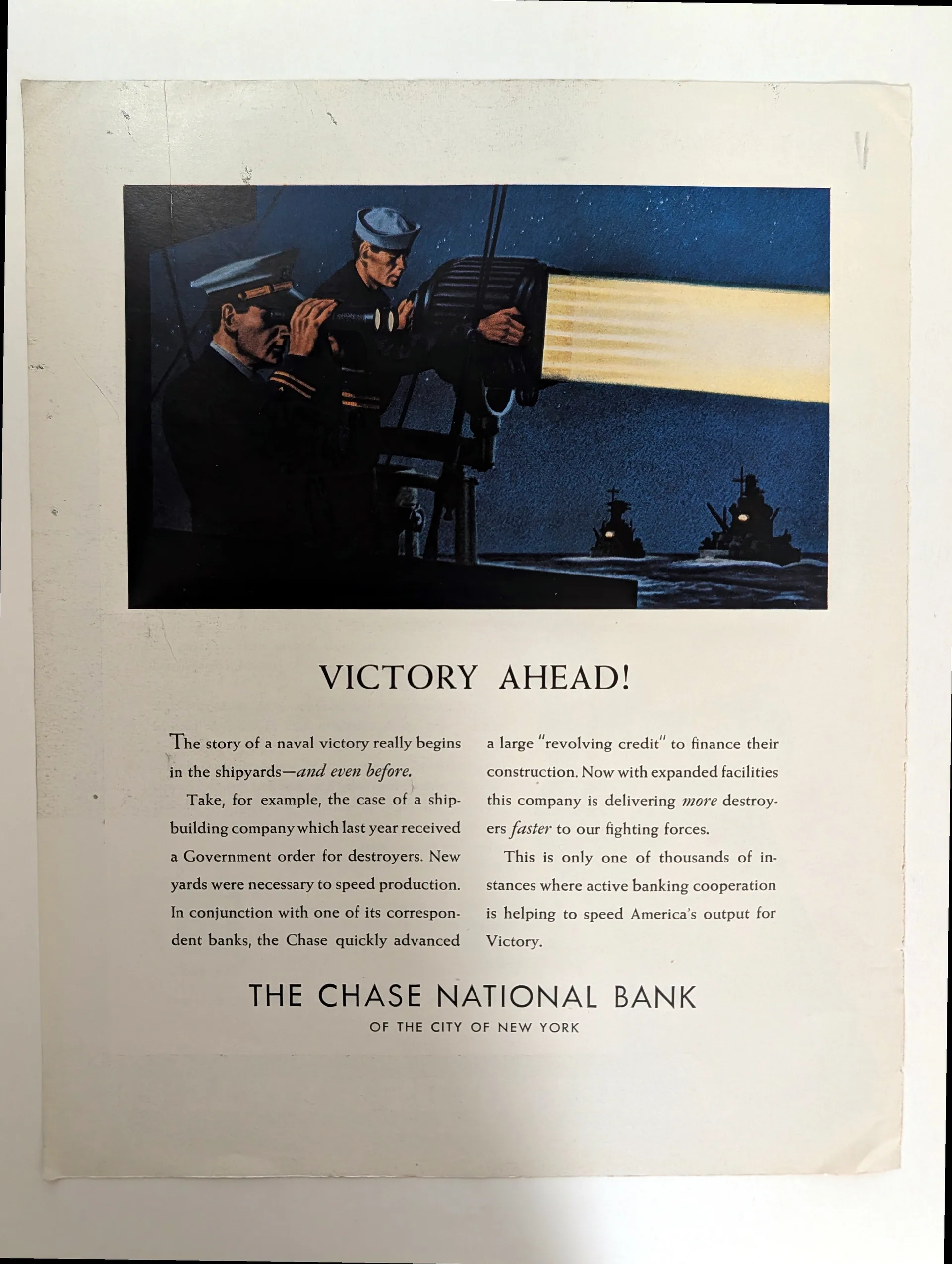 Chase National Bank 'Victory Ahead!' wartime ad, full page