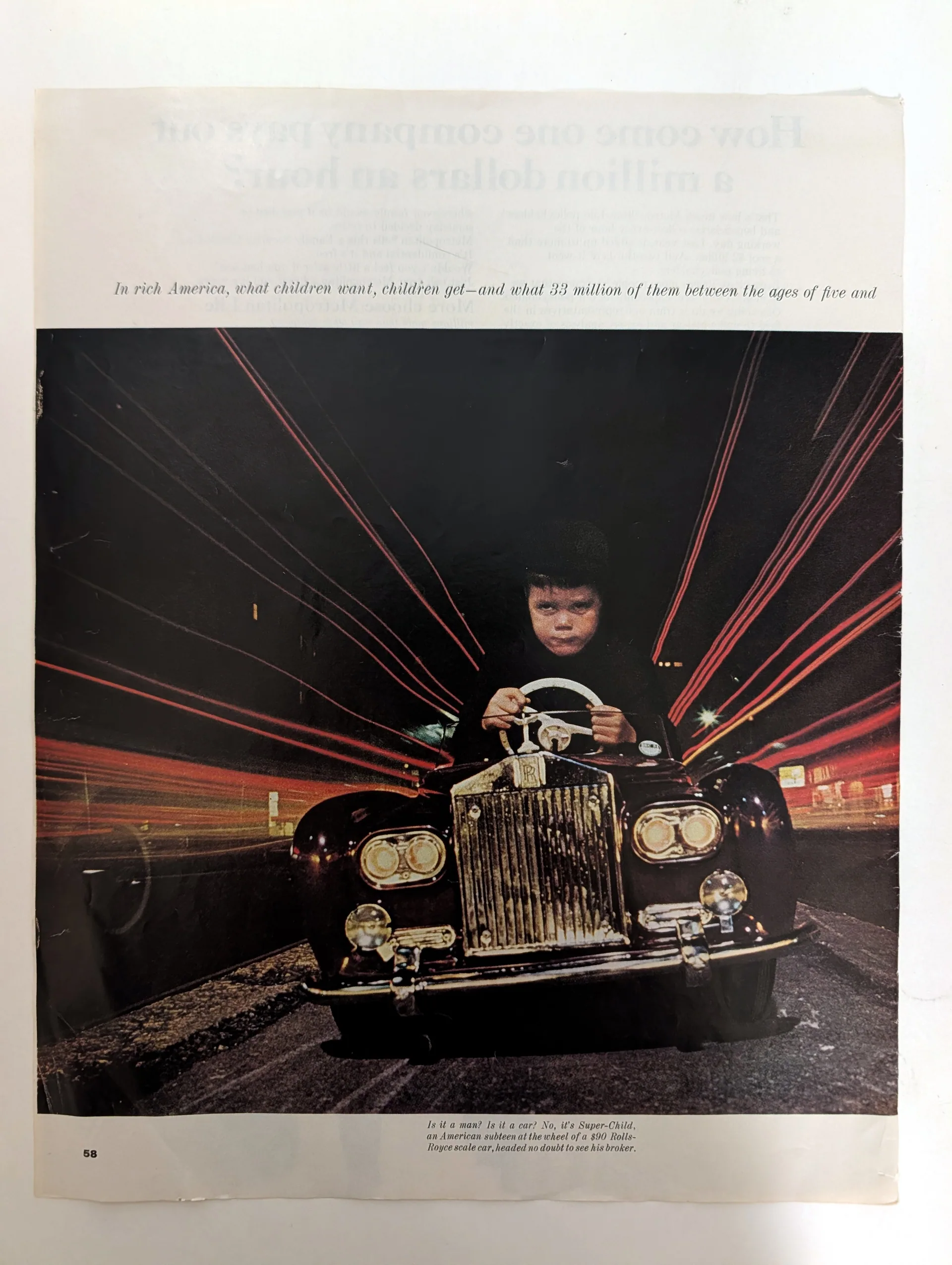 Rolls-Royce 'Super-Child' ad: child driving a miniature Silver Cloud at night