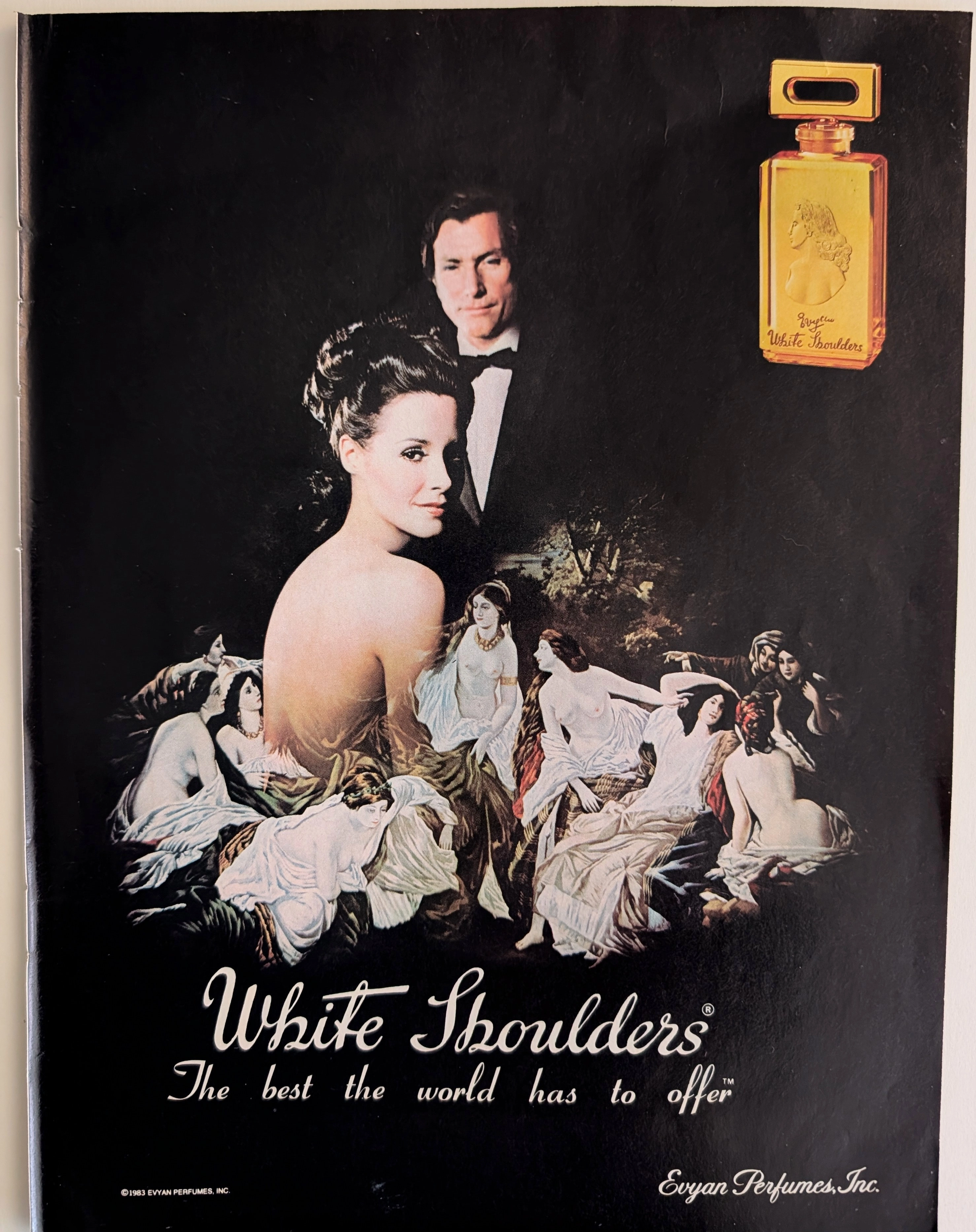 The Time Traveller’s Dossier: 1983 Evyan White Shoulders Vintage Advertisement — An Ode to Classical Romance and Elegance — The Record Institute Journal