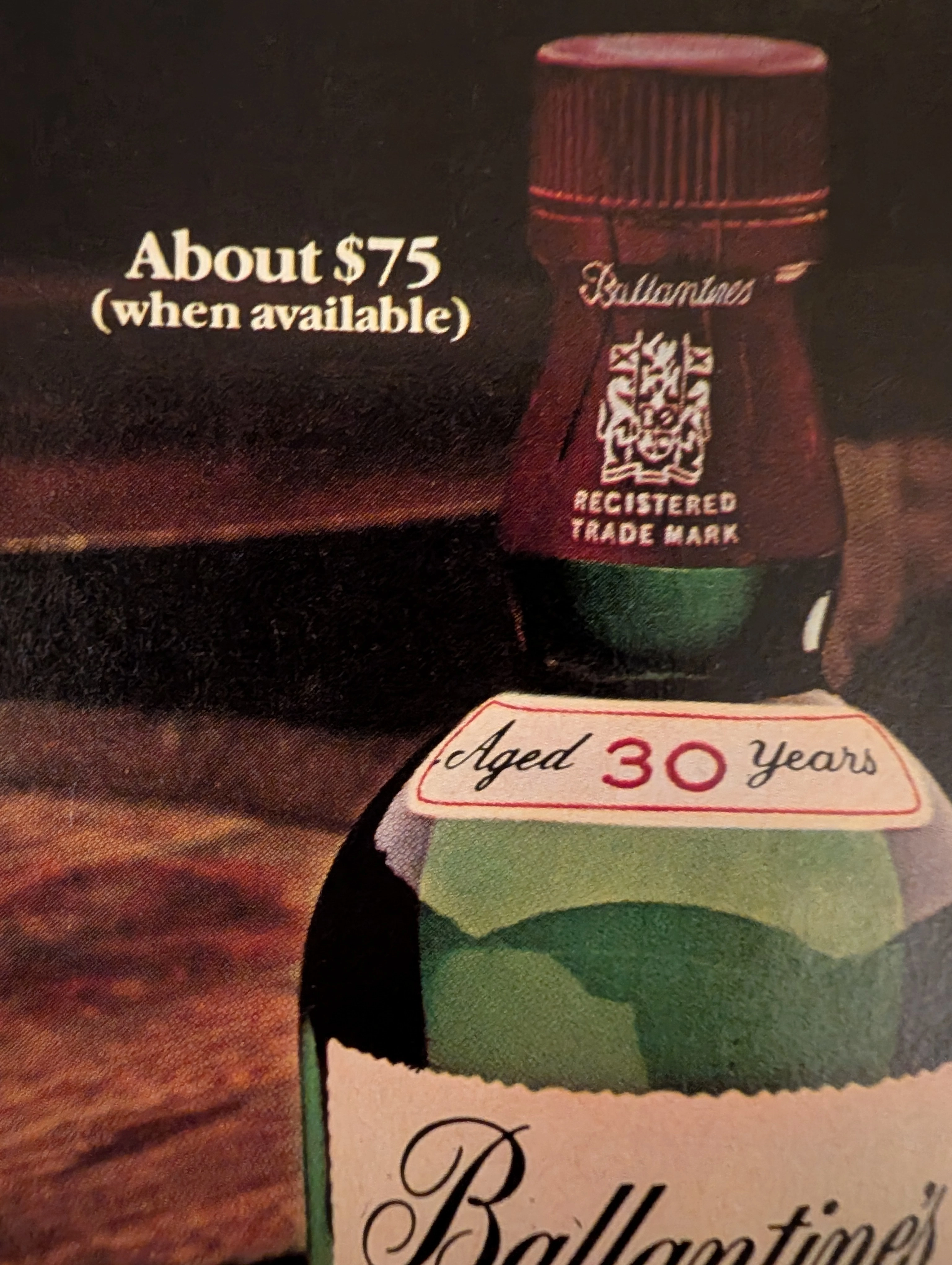 1970 Ballantine's Scotch Heritage. A study in prestige marketing, linking the rare 30-year-old blend to the everyday "Finest" square bottle. — Thumbnail 2