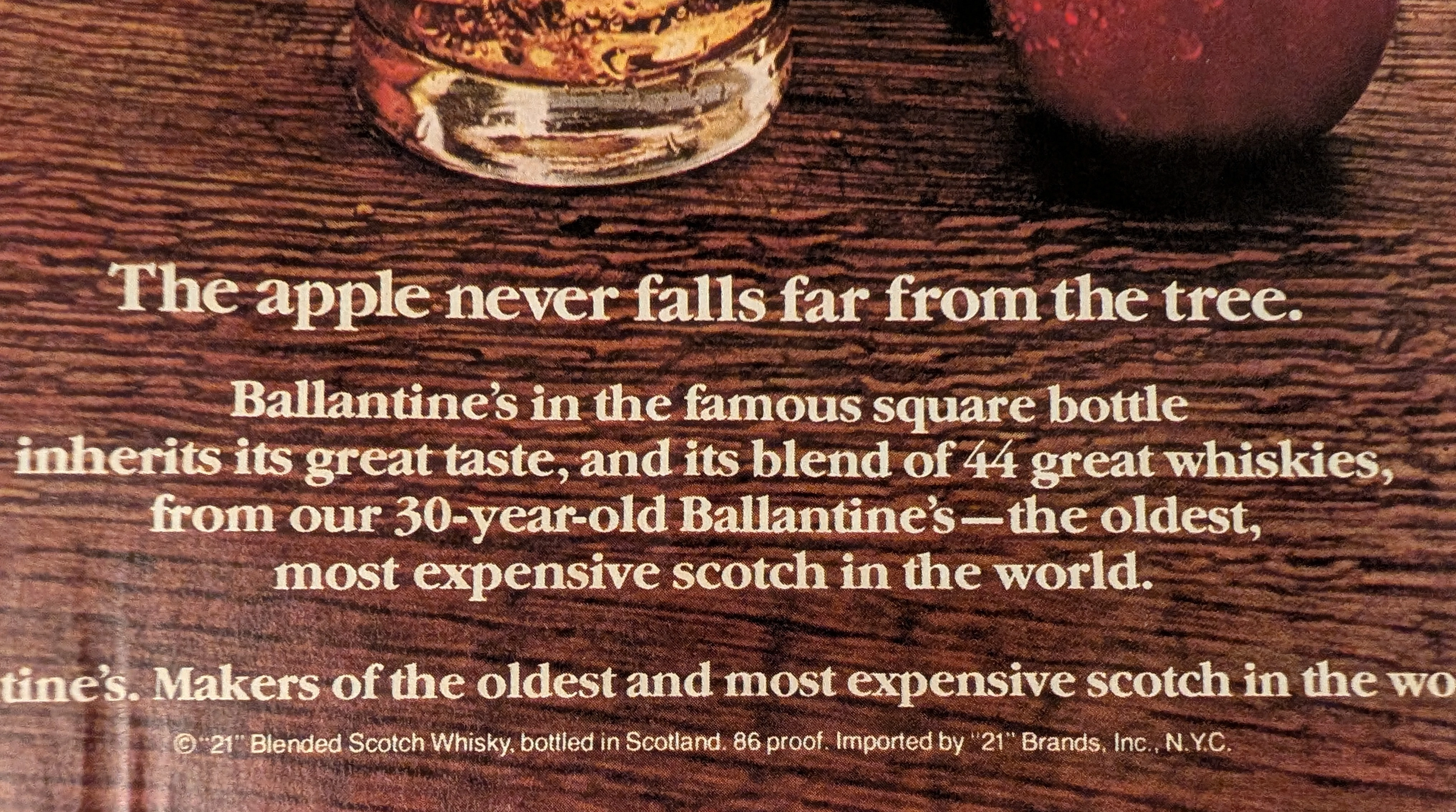 1970 Ballantine's Scotch Heritage. A study in prestige marketing, linking the rare 30-year-old blend to the everyday "Finest" square bottle. — Thumbnail 4