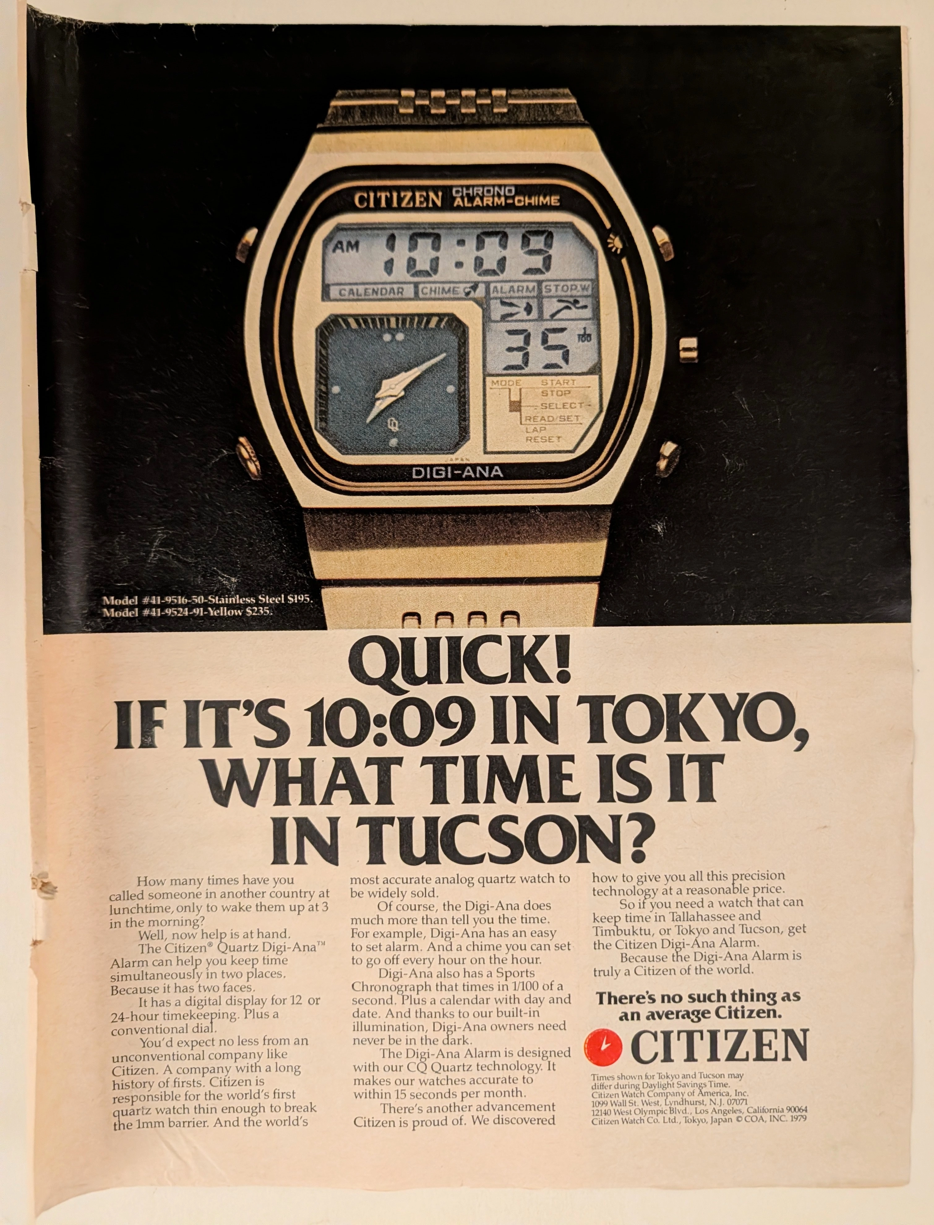 Publicité Vintage Citizen Quartz Digi-Ana de 1979 | Découvrez la publicité imprimée de la Citizen Quartz Digi-Ana de 1979, une montre à double affichage faisant le pont entre l'ère analogique et numérique. vintage advertisement — curator suggestion
