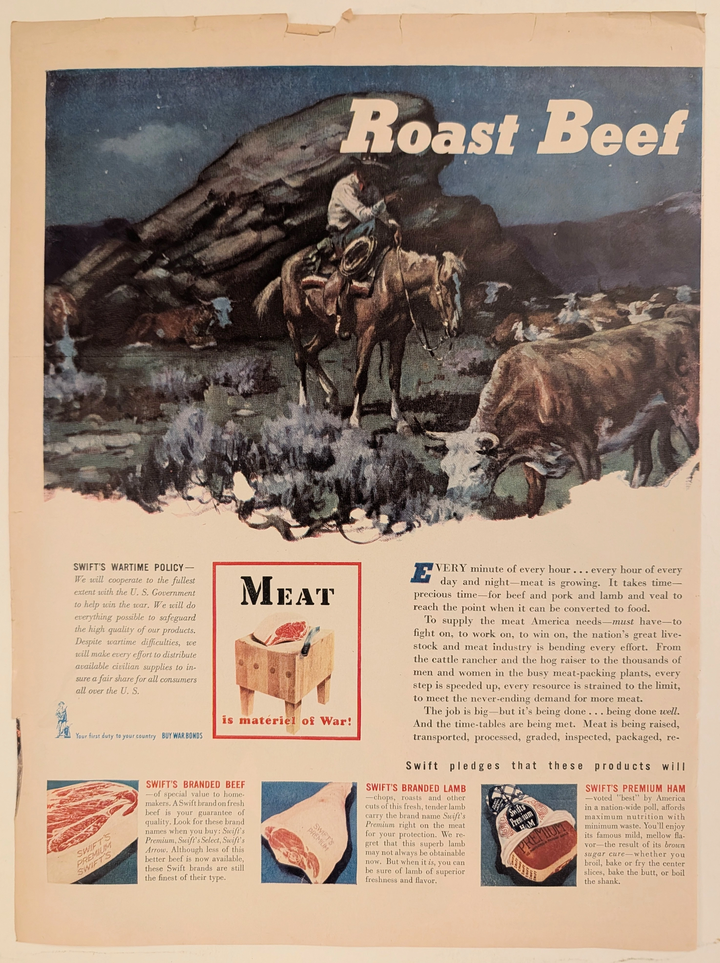 1943 Swift & Company Meat "Materiel of War" Vintage Advertisement vintage advertisement — The Record Institute