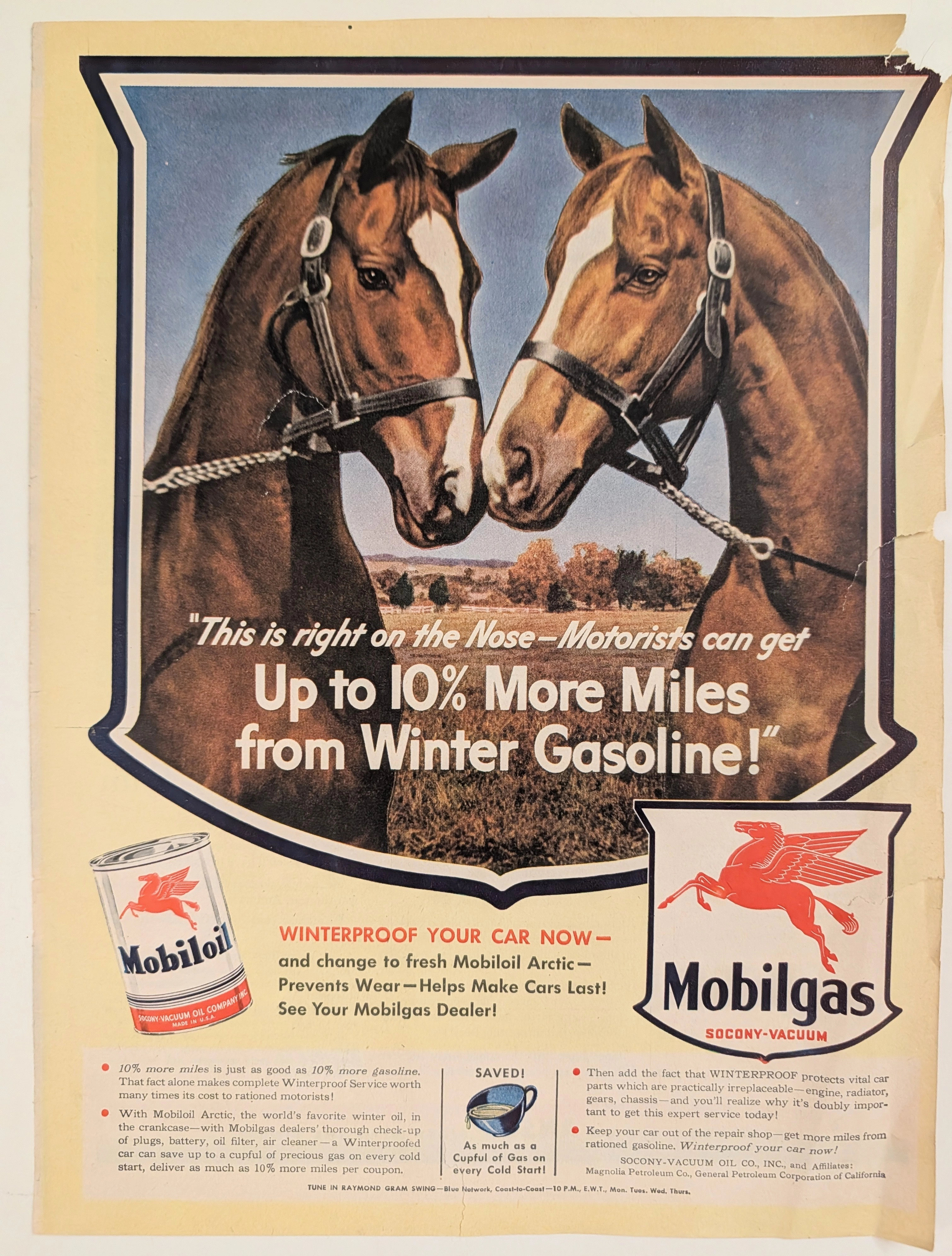 1943 Mobiloil & Mobilgas "Winterproof" Vintage Advertisement (1943) — Class B vintage Automotive