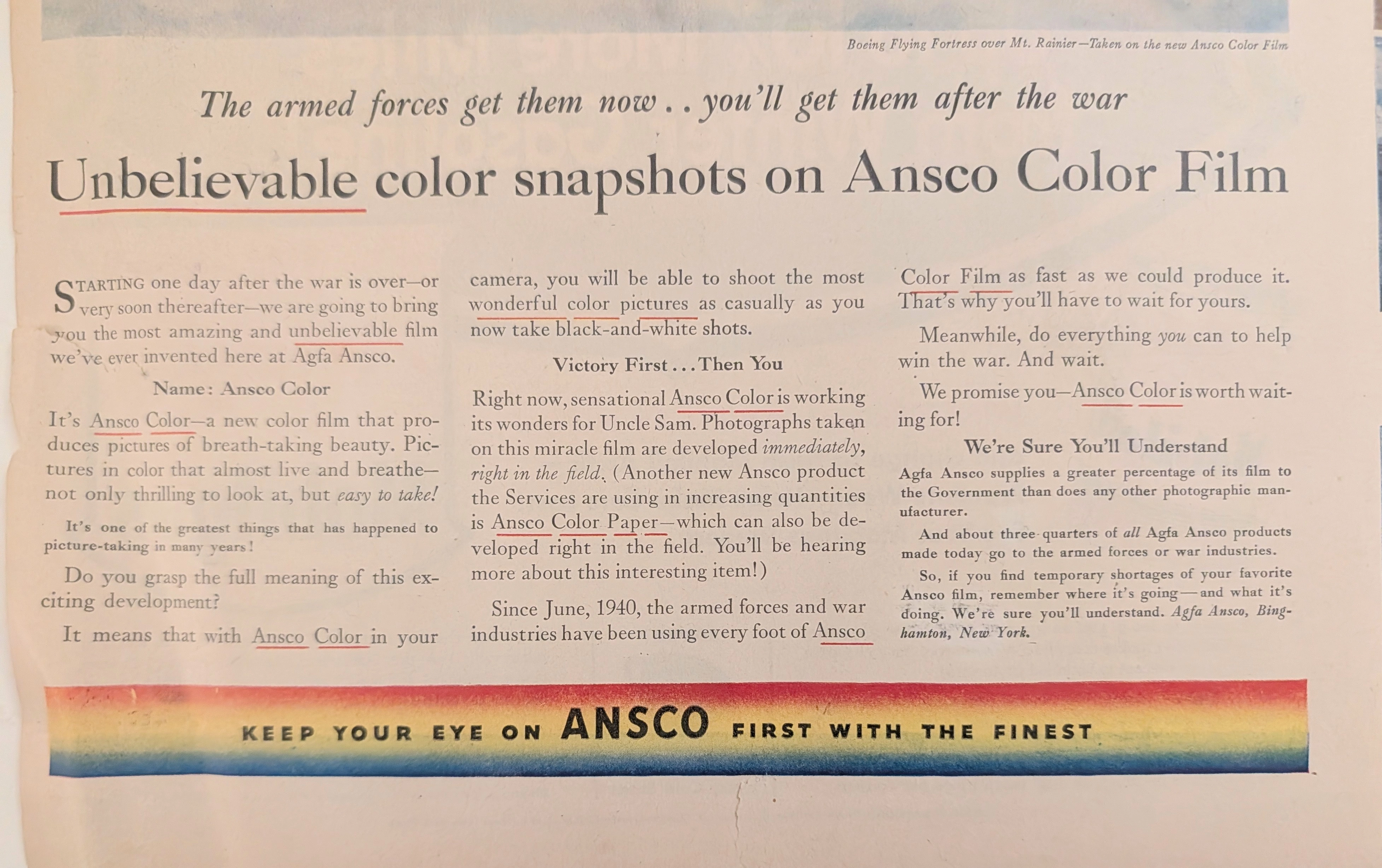 แฟ้มข้อมูลนักเดินทางข้ามเวลา : โฆษณา Ansco Color - การชะลอความพึงพอใจในสงครามโลกครั้งที่สอง — The Record Institute Journal