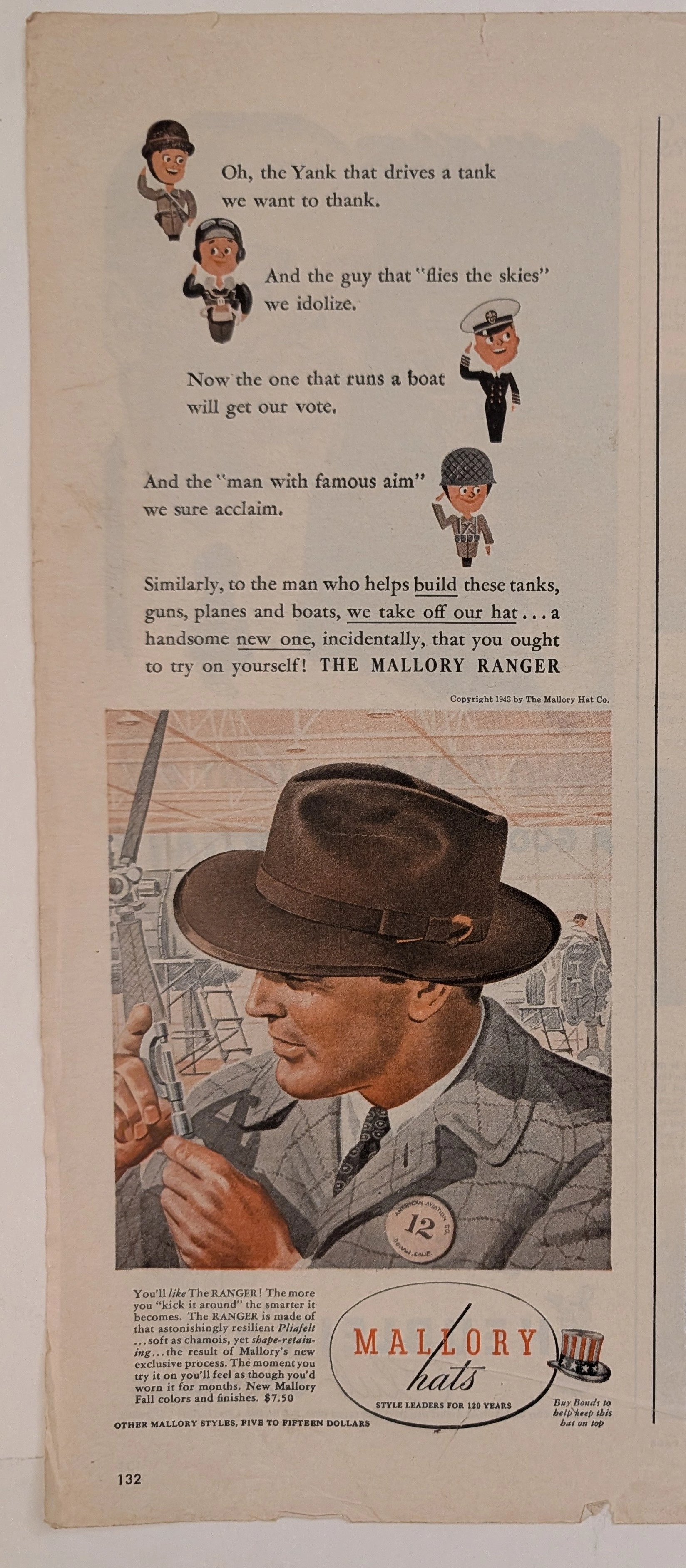 1943 Mallory Hats "The Ranger" Vintage Advertisement (1943) — Class B vintage Lifestyle & Vice 1943 Mallory Hats "The Ranger" Vintage Advertisement (1943) — Class B vintage Lifestyle & Vice