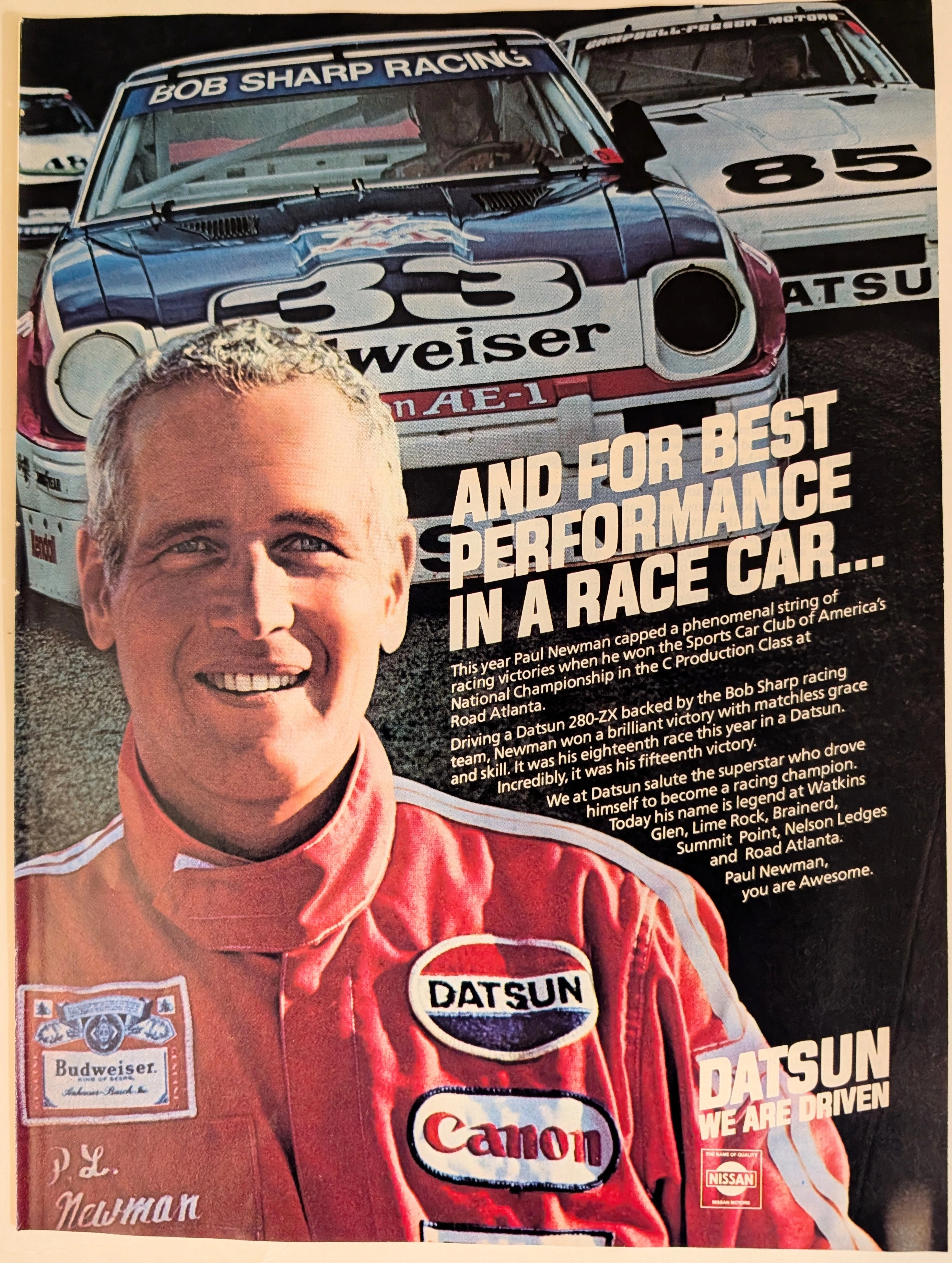 1979 Datsun 280-ZX Paul Newman Racing Vintage Print Advertisement (1979) — Class B vintage Automotive