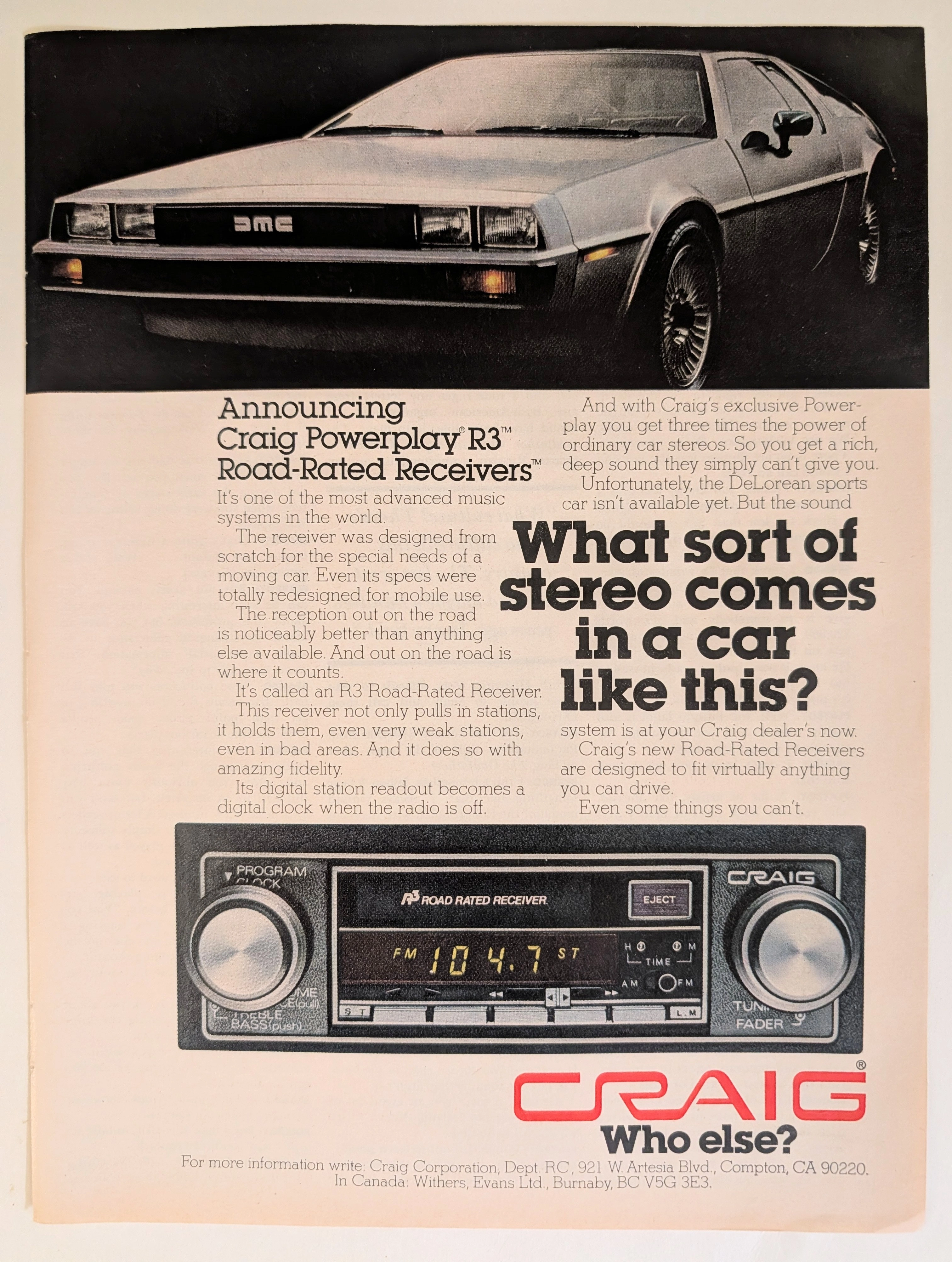 1980 Craig Powerplay R3 Car Stereo Featuring the DeLorean DMC-12 (1980) — Class S vintage Automotive