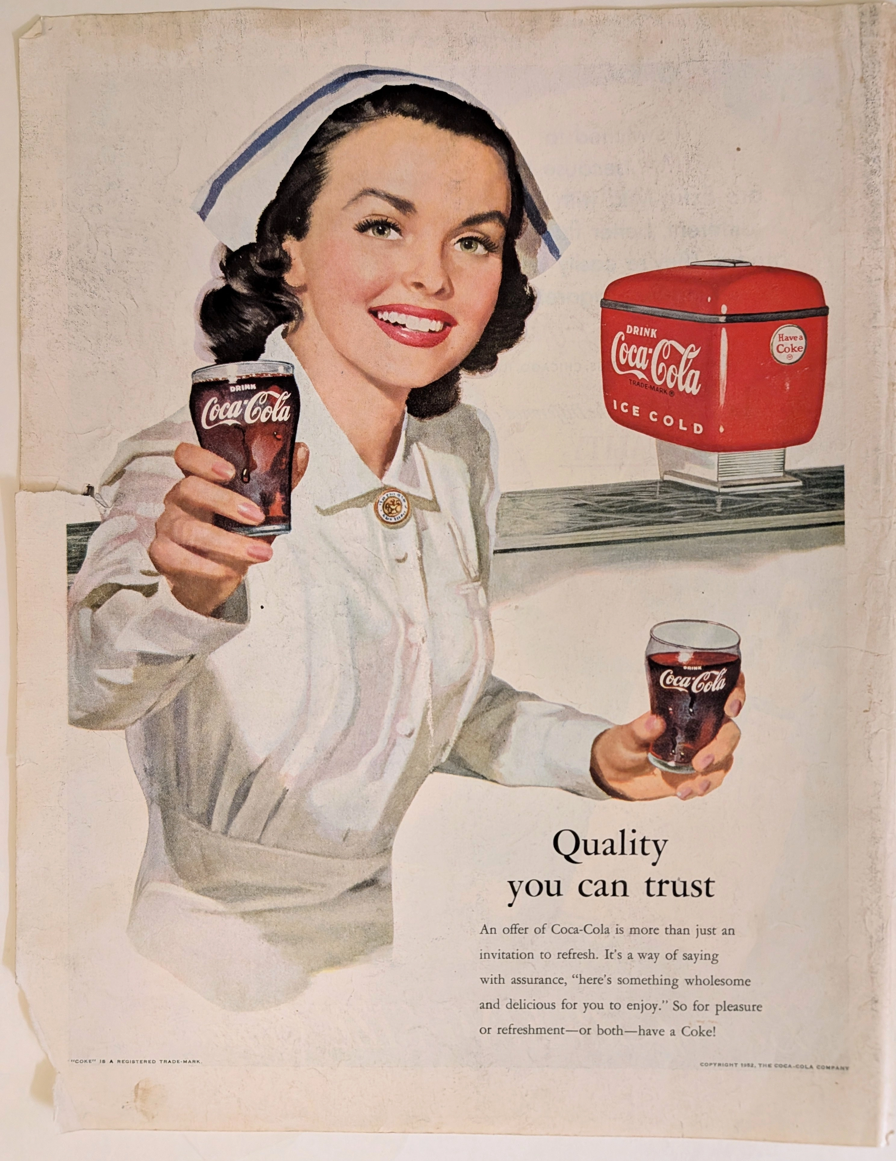 1952 Coca-Cola "Quality You Can Trust" Nurse Vintage Print Advertisement vintage advertisement — curator suggestion
