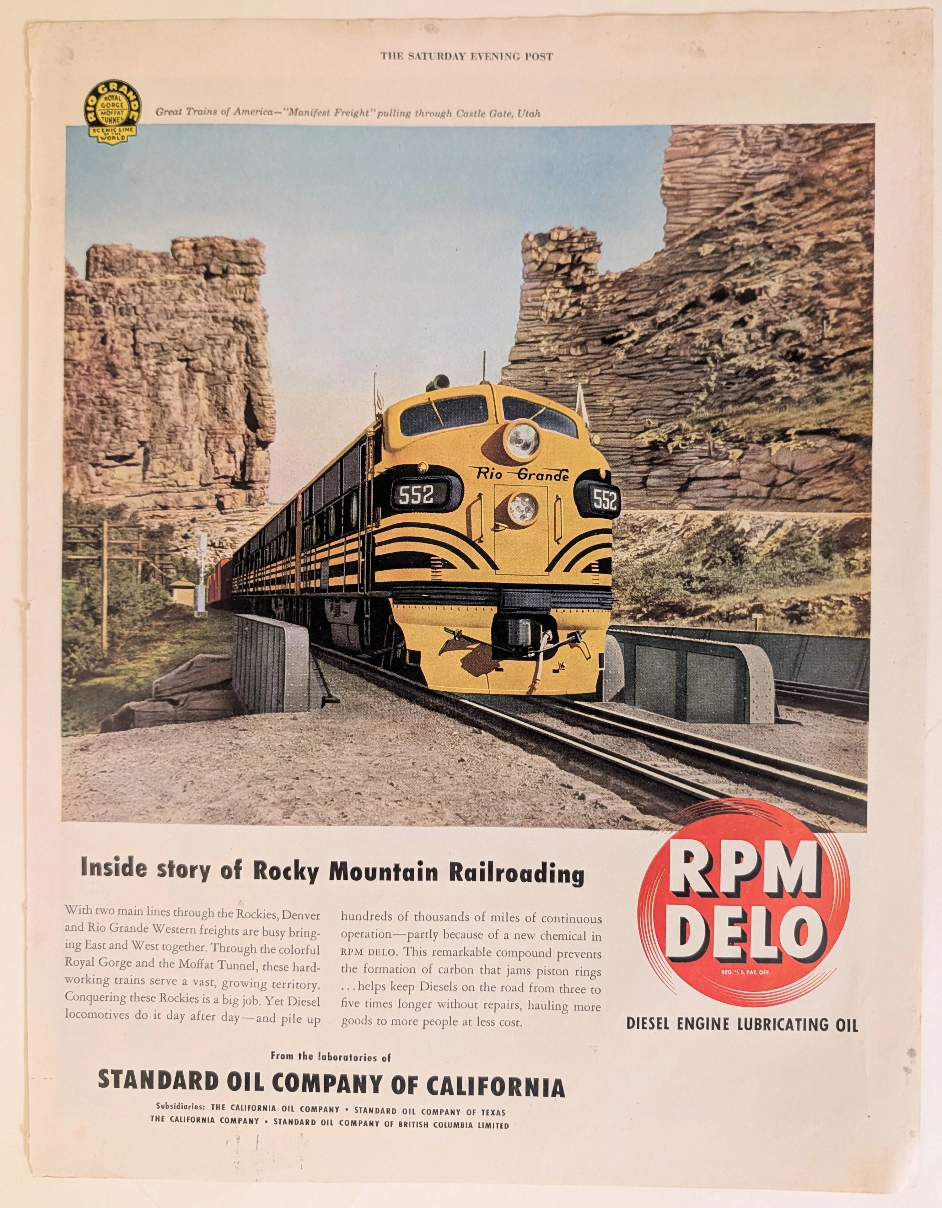 1949 Rio Grande Train & RPM DELO Oil Vintage Advertisement