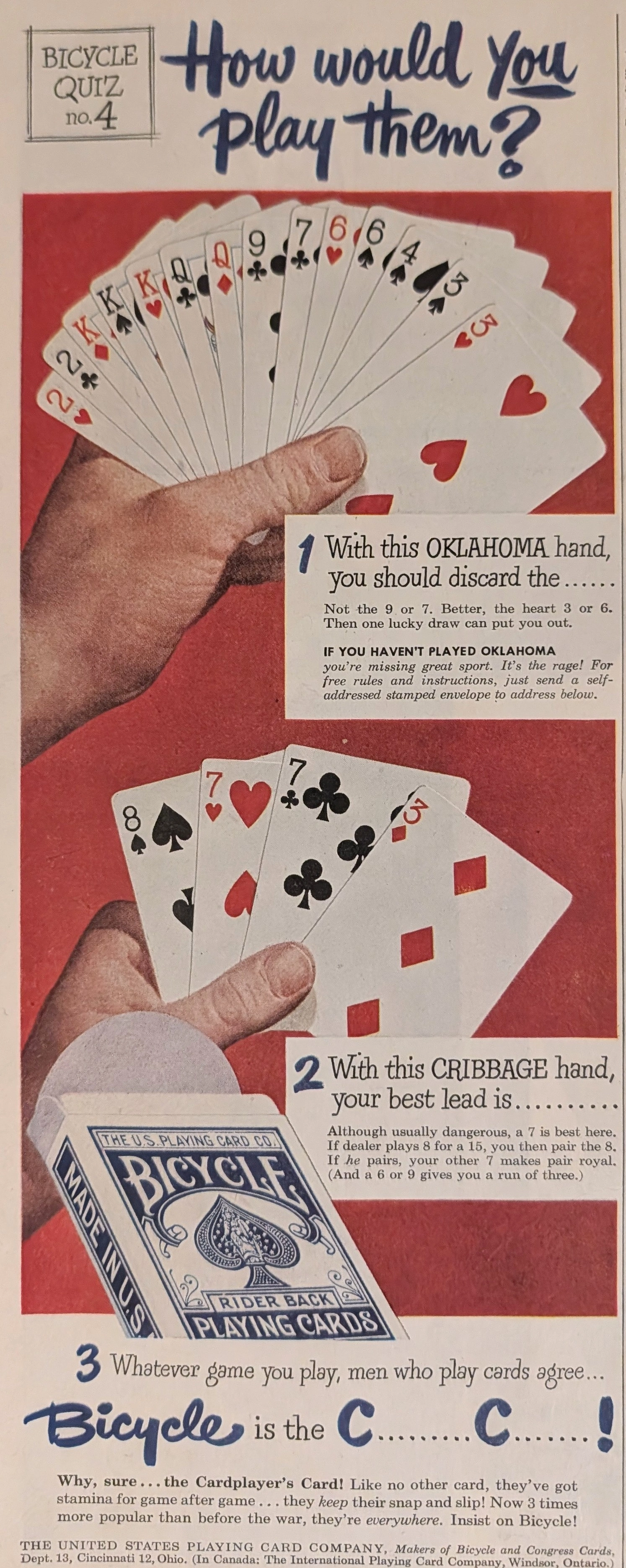 1948 Bicycle Playing Cards "Quiz No. 4" Vintage Advertisement (1948) — Class B vintage Lifestyle & Vice
