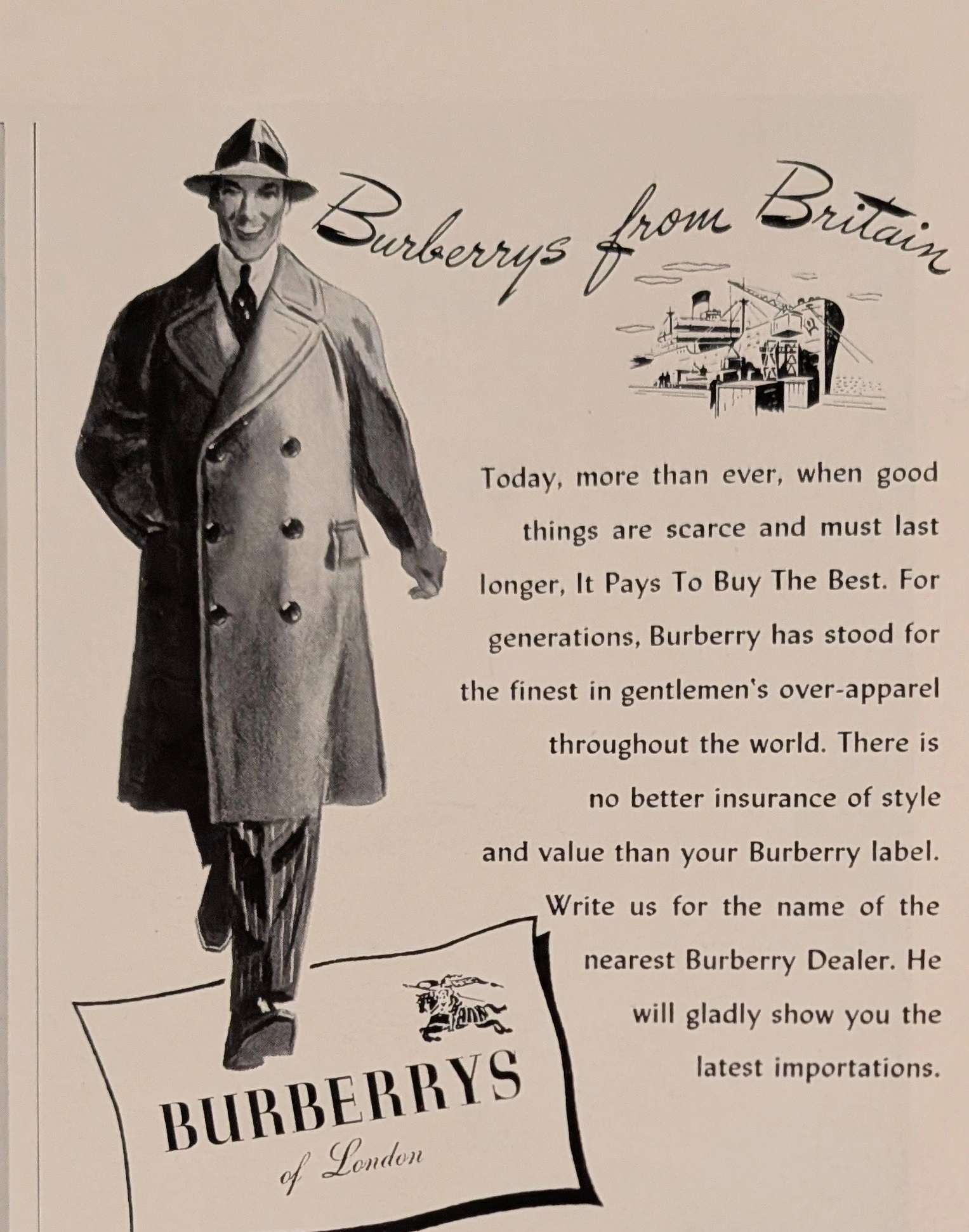 1940s Burberrys of London Overcoat Vintage Advertisement (1940) vintage advertisement — Class A