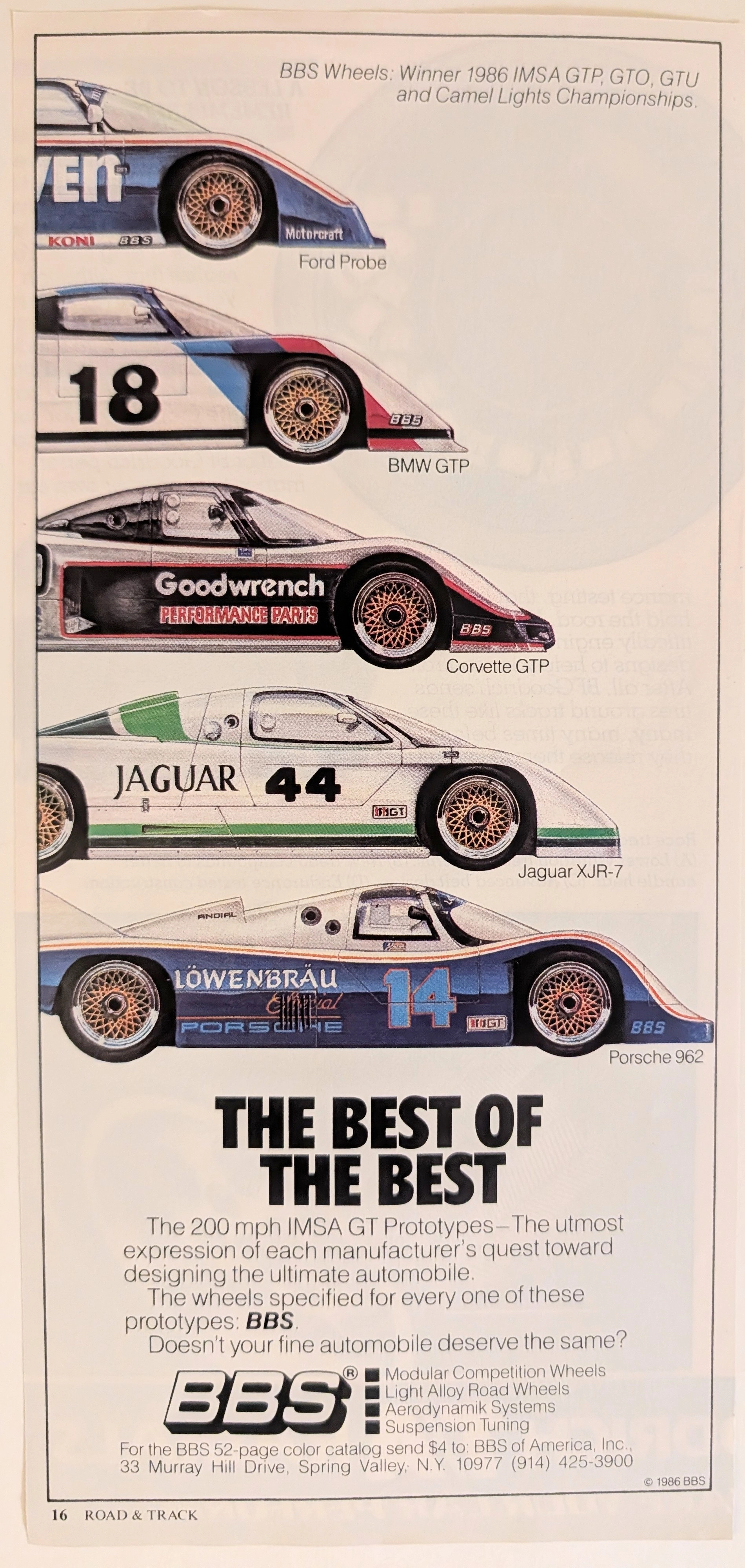 1986 BBS Wheels "The Best of the Best" IMSA GT Prototypes Vintage Print Advertisement