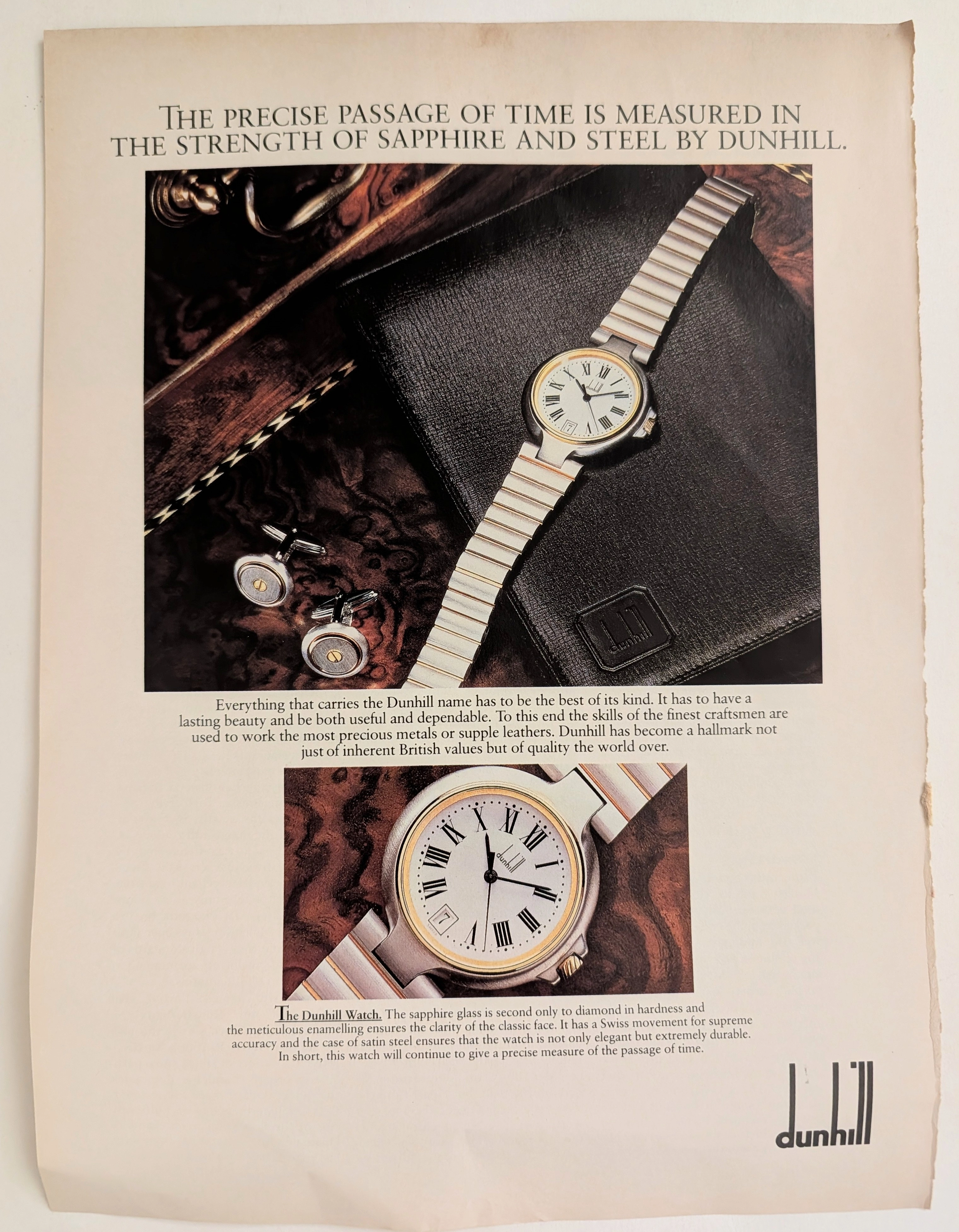 1990s Dunhill Two-Tone Watch & Cufflinks Vintage Print Advertisement (1990) — Class A vintage Luxury Brands