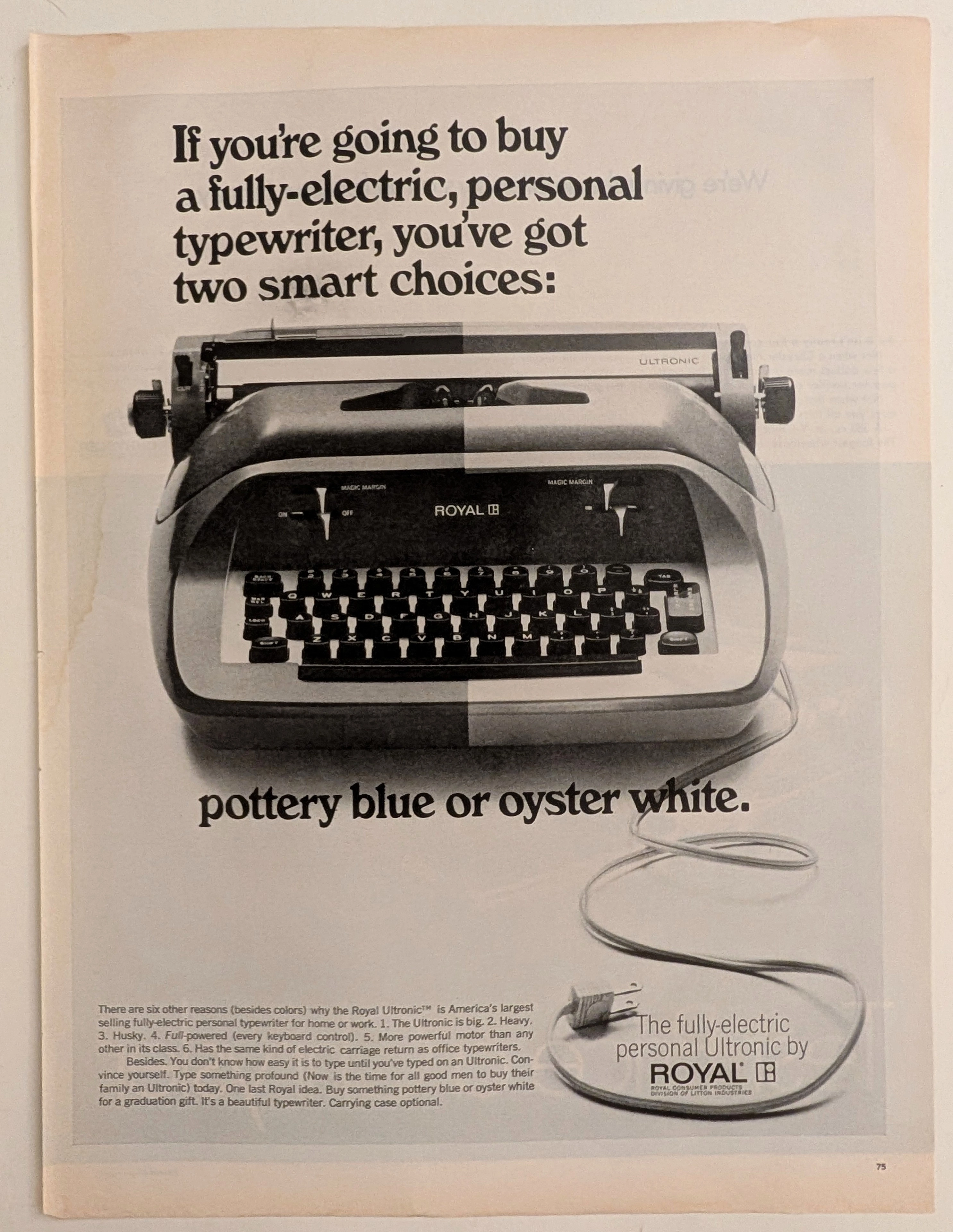 1968 โฆษณาวินเทจ เครื่องพิมพ์ดีดไฟฟ้า Royal Ultronic vintage advertisement — curator suggestion