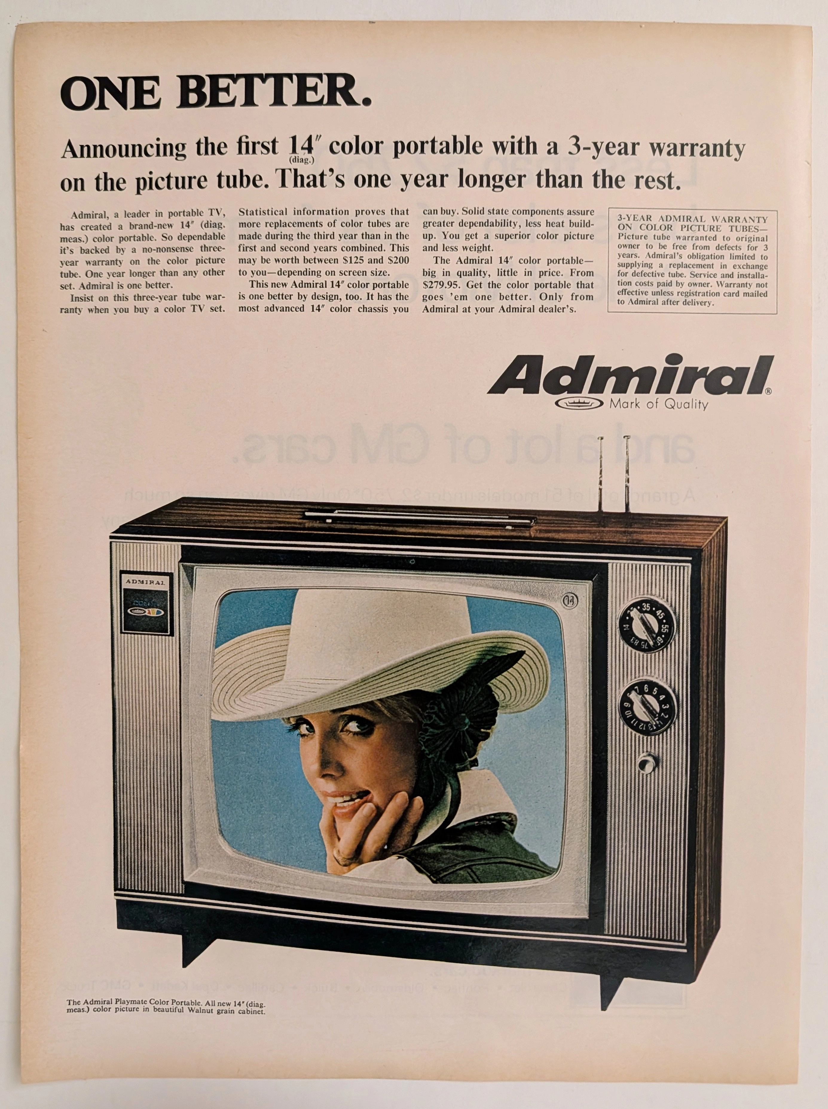Anuncio Vintage Televisor a Color Portátil Admiral Playmate 14" (Circa 1970) — related print