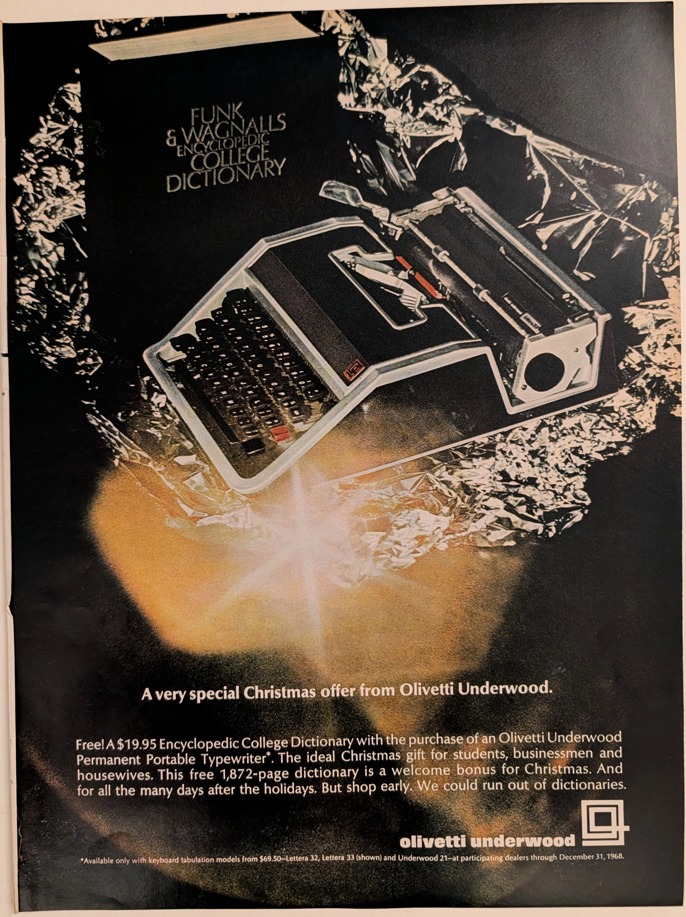 1968 Olivetti Underwood Lettera 33 Typewriter Vintage Advertisement — Class B vintage Art & Tech