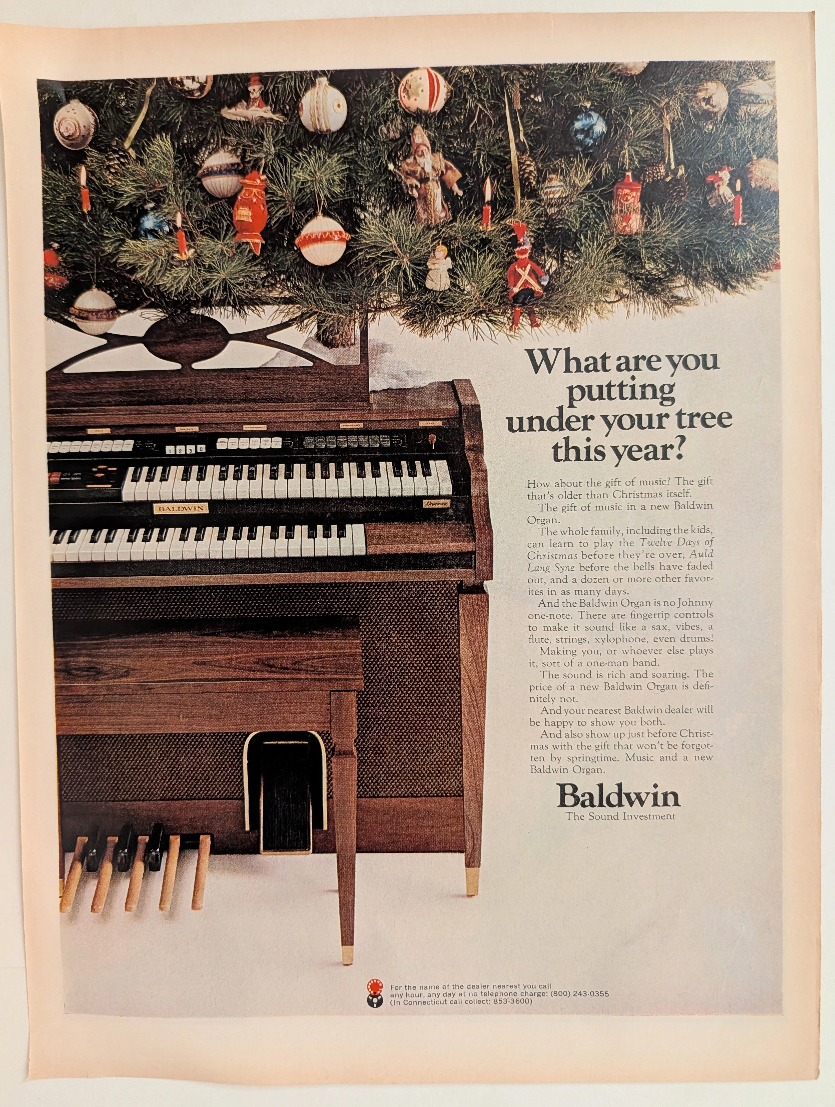 Publicité de Noël vintage Baldwin Organ « Que mettez-vous sous votre sapin ? » vers les années 1970 vintage advertisement — curator suggestion