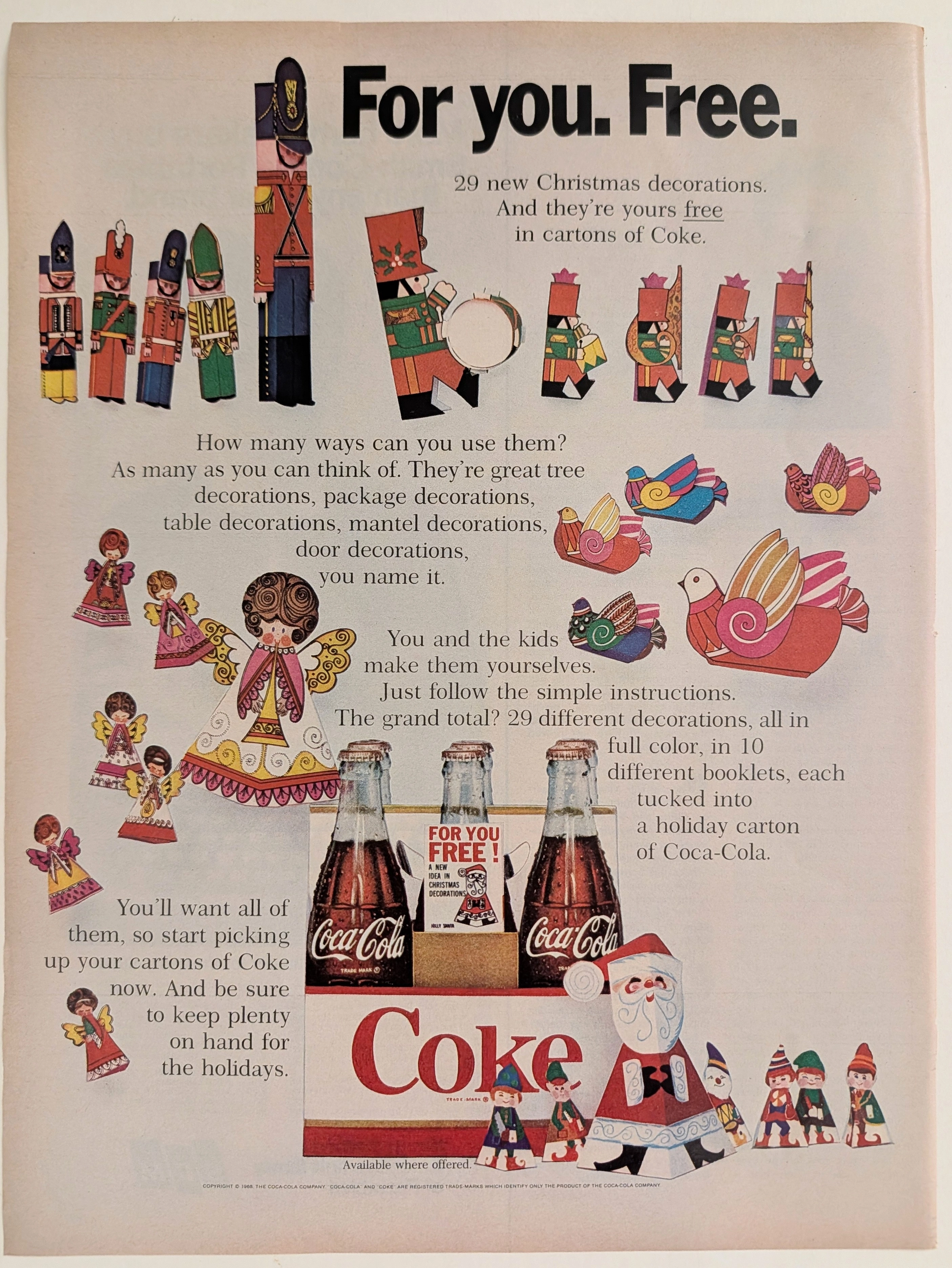 1968 Coca-Cola "For You. Free." DIY Christmas Decorations Vintage Print Advertisement (1968) — Class B vintage Lifestyle & Vice