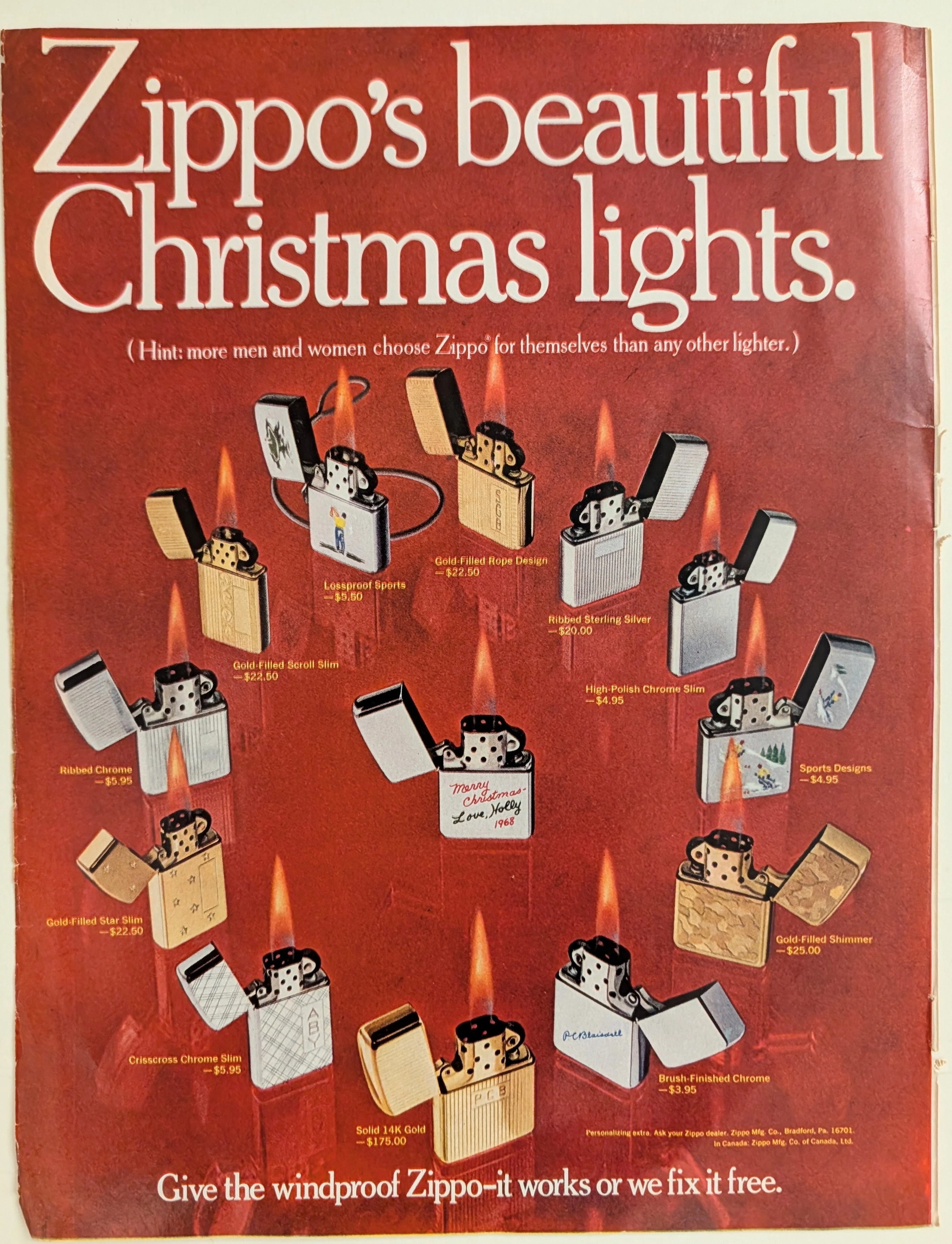 1968 Zippo Windproof Lighters Christmas Vintage Advertisement (1970) — Class A vintage Lifestyle & Vice
