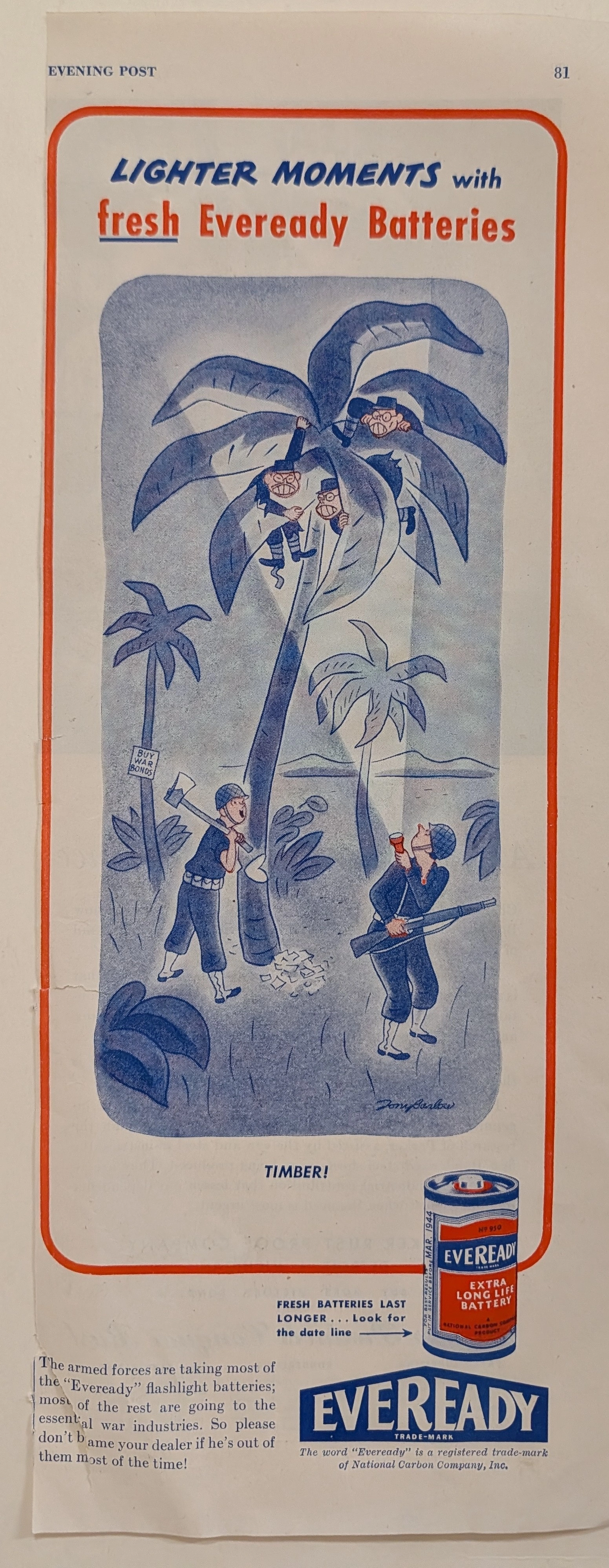 1944 Eveready Batteries "Lighter Moments" WWII Vintage Advertisement vintage advertisement — curator suggestion