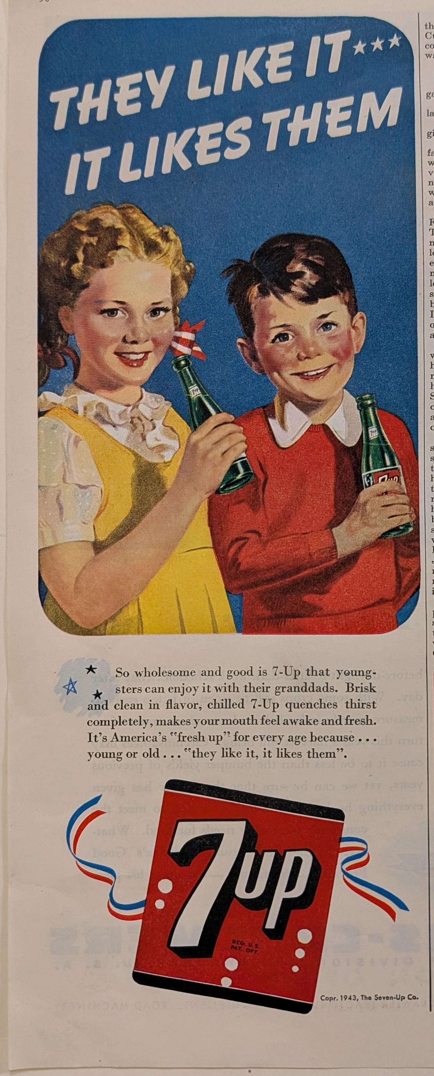 1943 7-Up Soft Drink "They Like It, It Likes Them" Vintage Advertisement (1943) — Class A vintage Lifestyle & Vice 1943 7-Up Soft Drink "They Like It, It Likes Them" Vintage Advertisement (1943) — Class A vintage Lifestyle & Vice