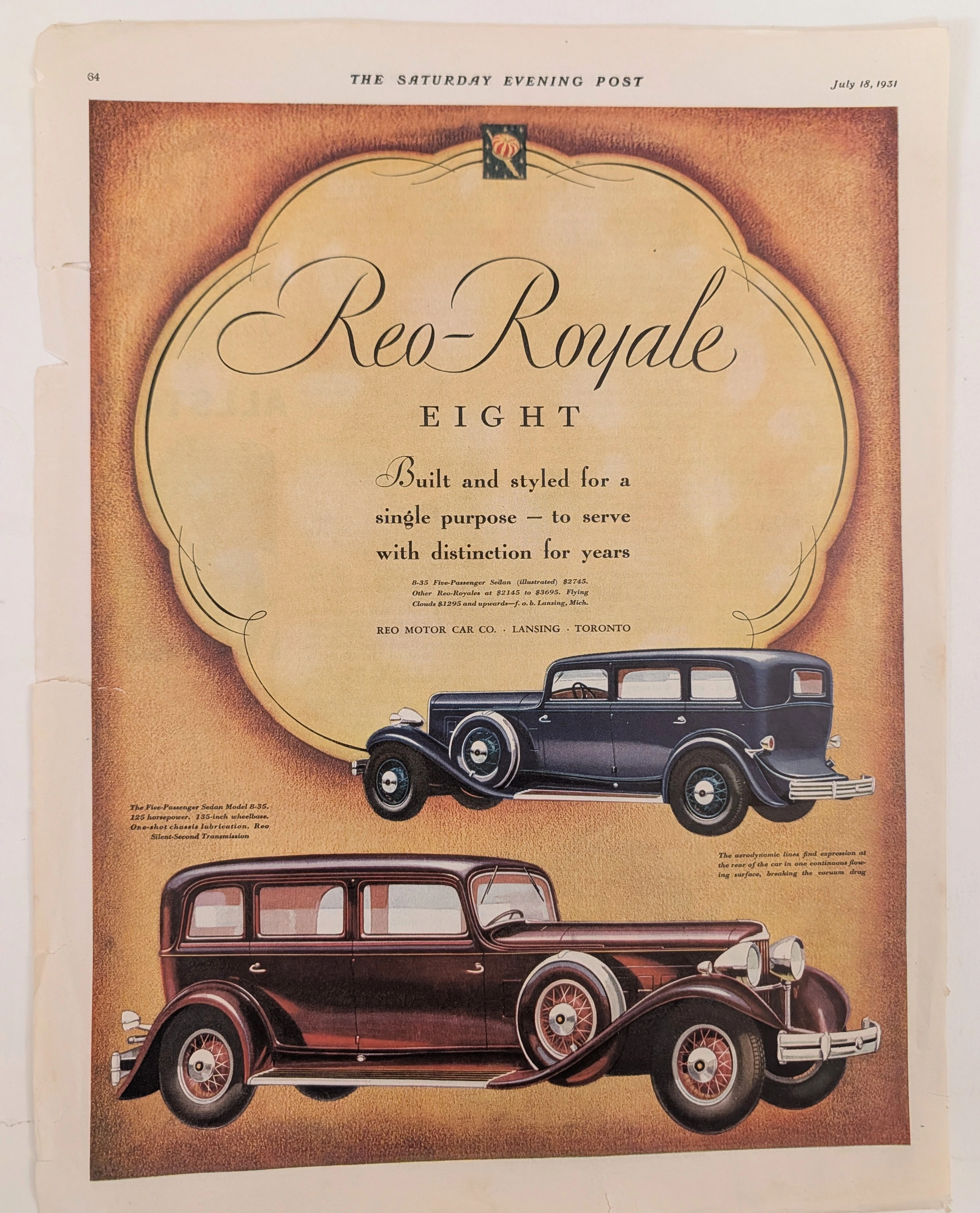 1931 Reo-Royale Eight and Willys Six vintage automobile advertisement.